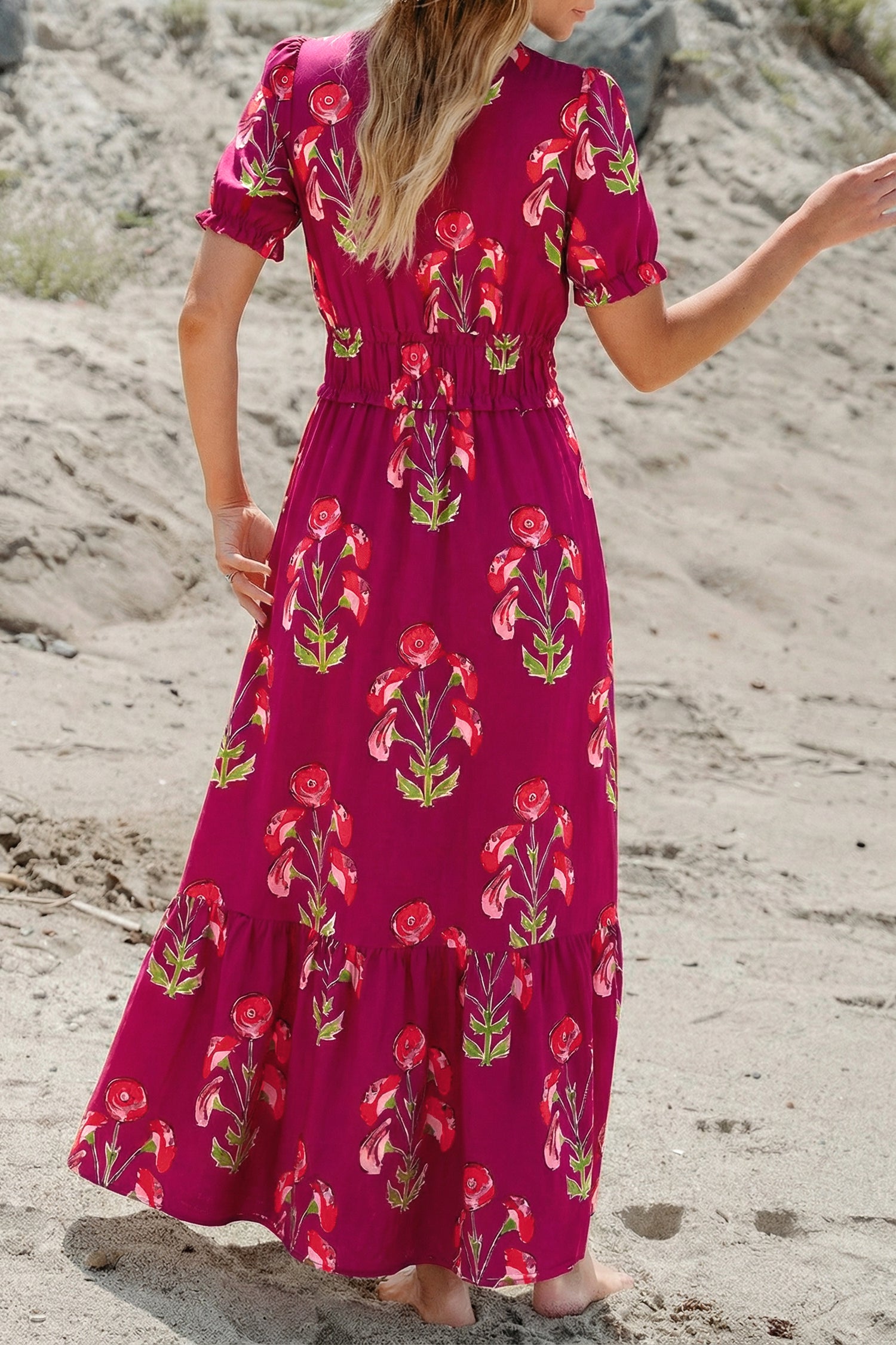 Red Floral Print Frilled V Neck Short Sleeve Ruffle Maxi Dress