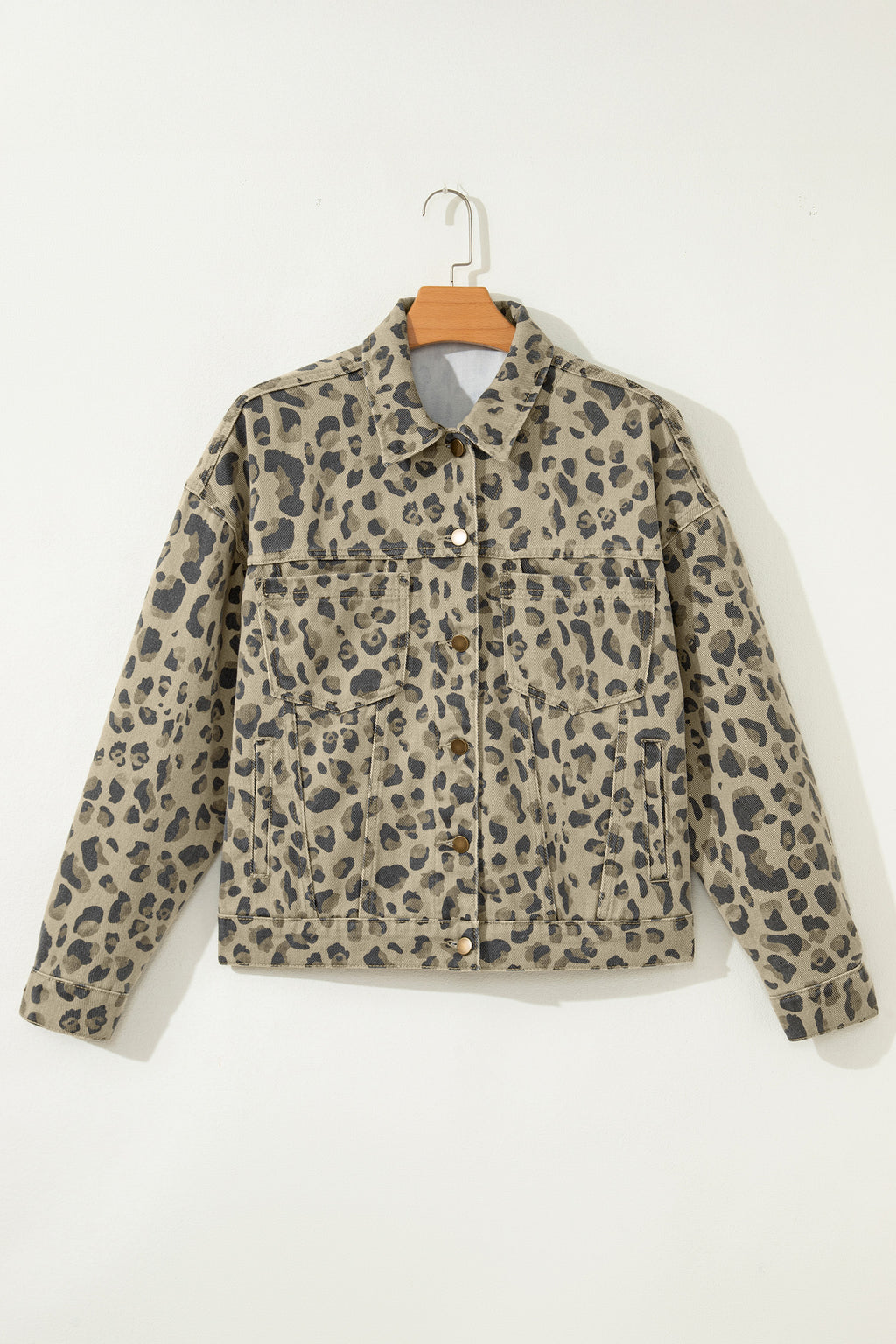 Khaki Retro Leopard Print Seam Detail Button Down Denim Jacket