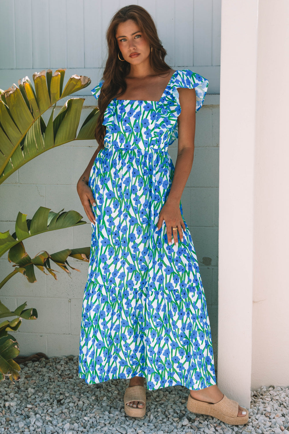 Blue Floral Print Square Neck Ruffled Strap Maxi Dress