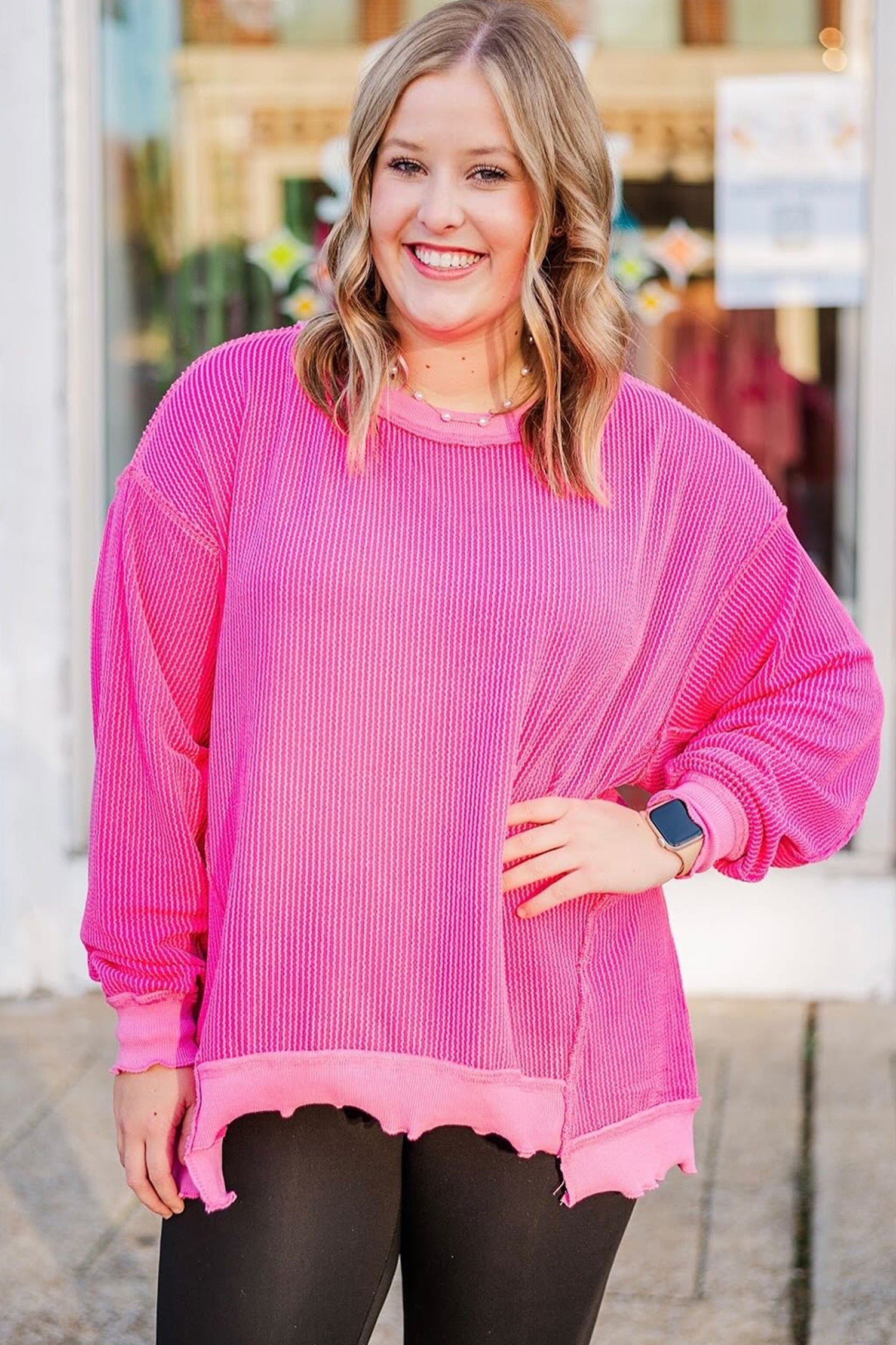 Rose Red Drop Shoulder Uneven Hem Plus Size Twisted Rib Top