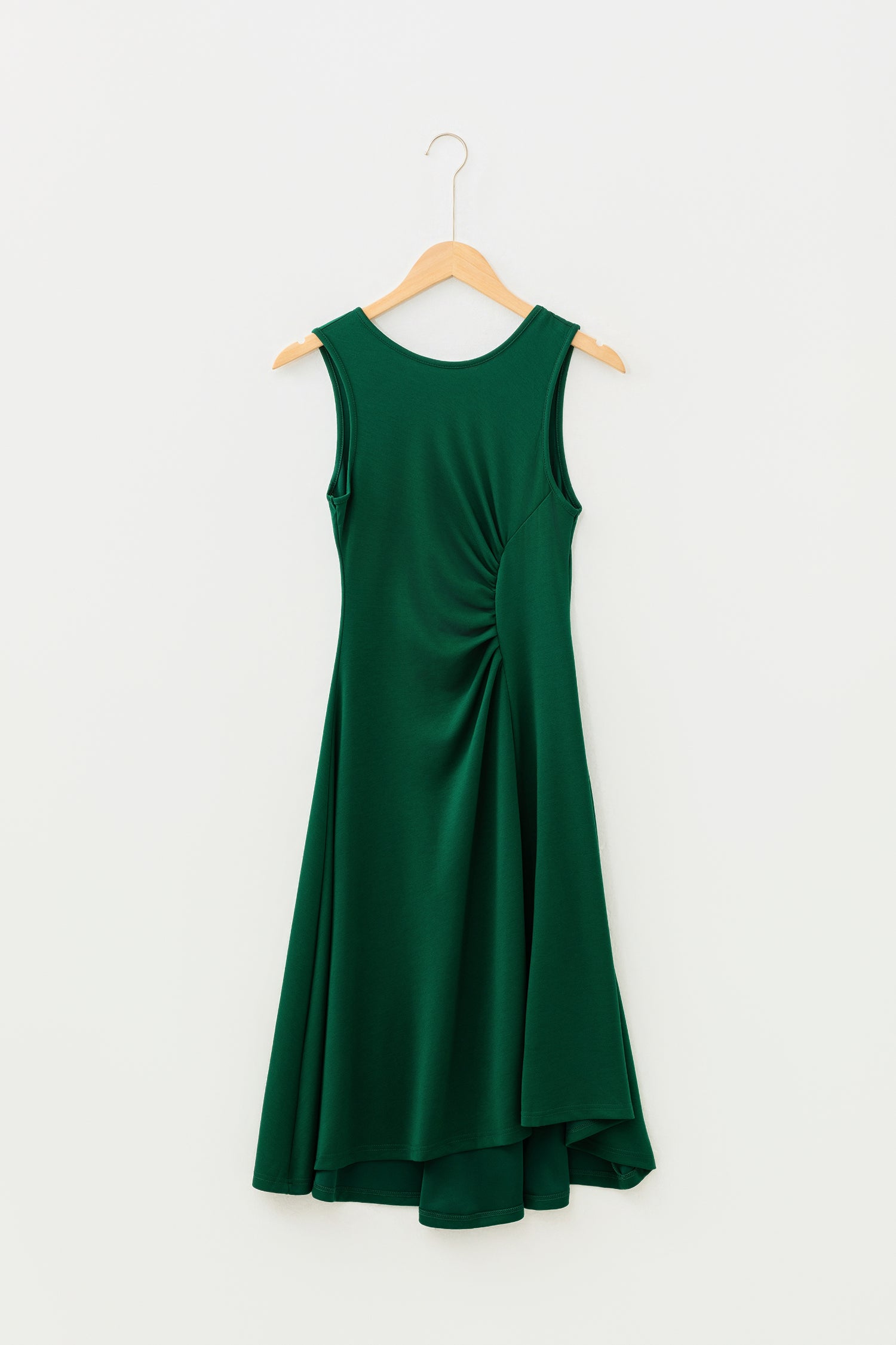 Blackish Green Solid Color Round Neck Ruched Detail Sleeveless Mini Dress