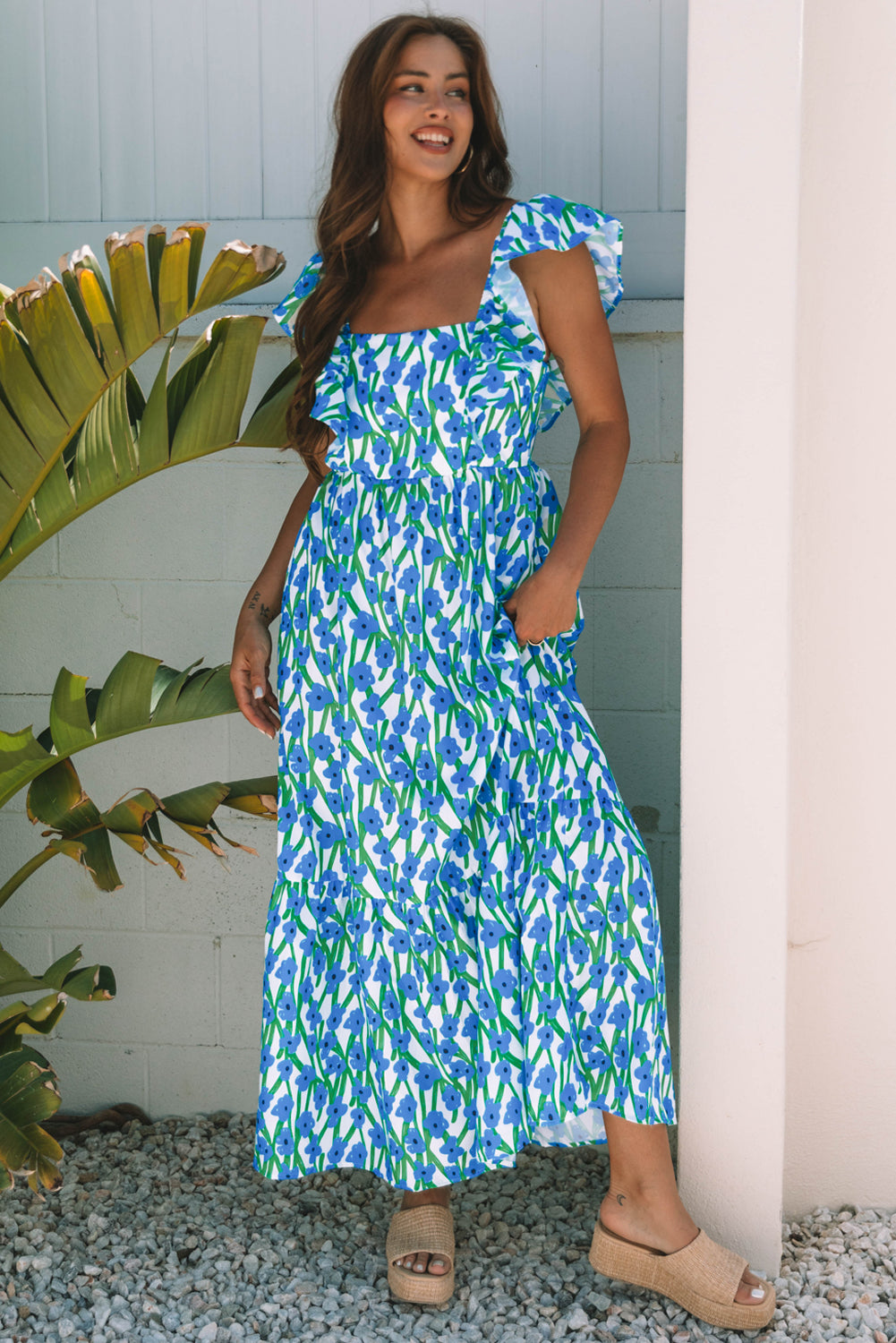 Blue Floral Print Square Neck Ruffled Strap Maxi Dress