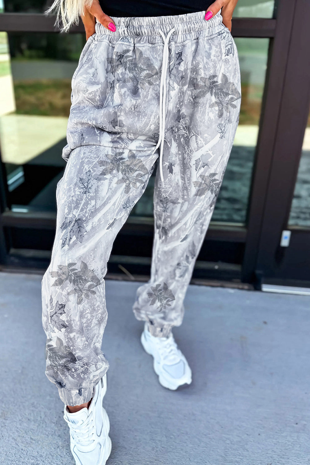 Gray Camo Print Cozy Drawstring Elastic Waist Jogger Pants