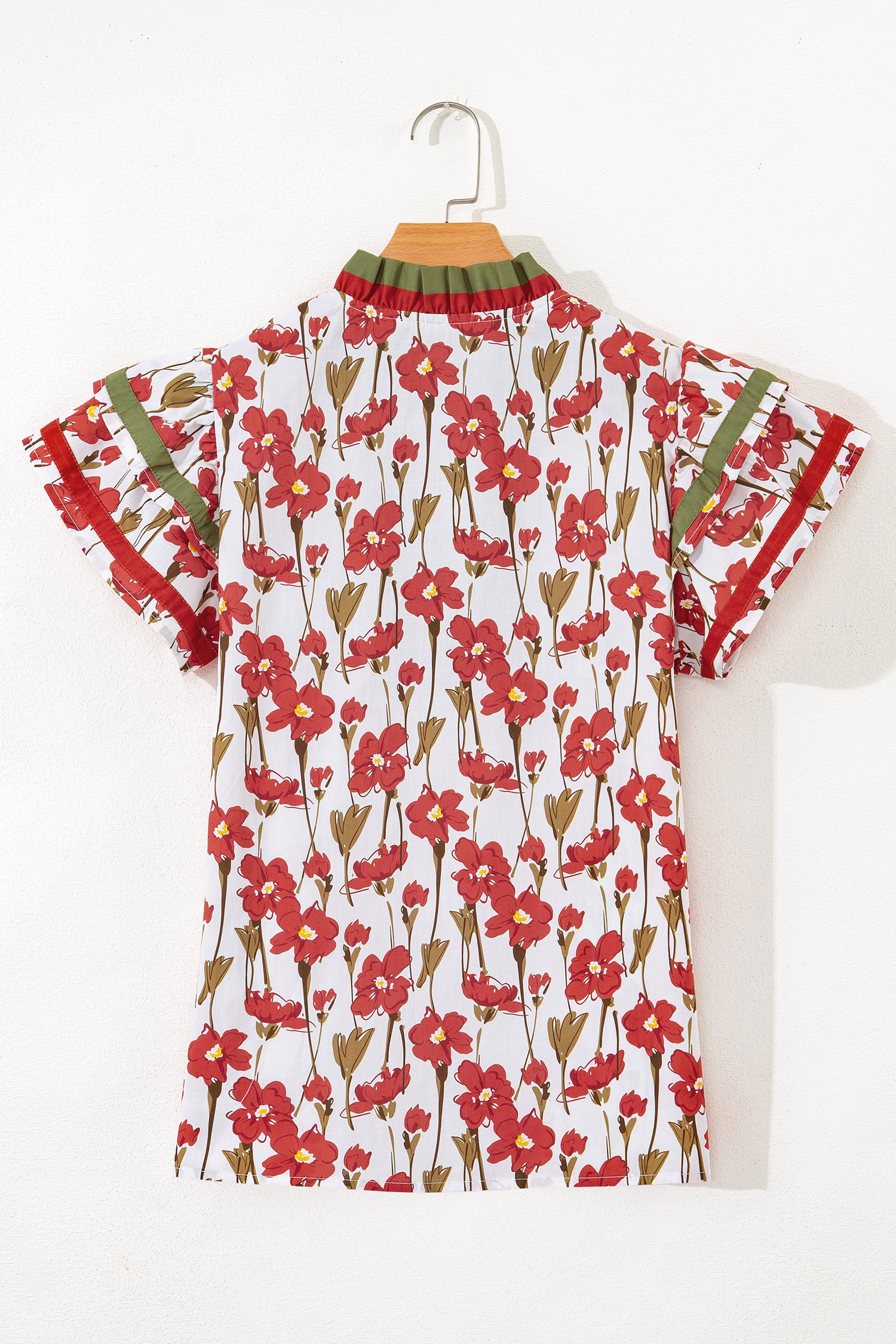Red Floral Print Contrast Trim V Neck Double Ruffled Short Sleeve Blouse