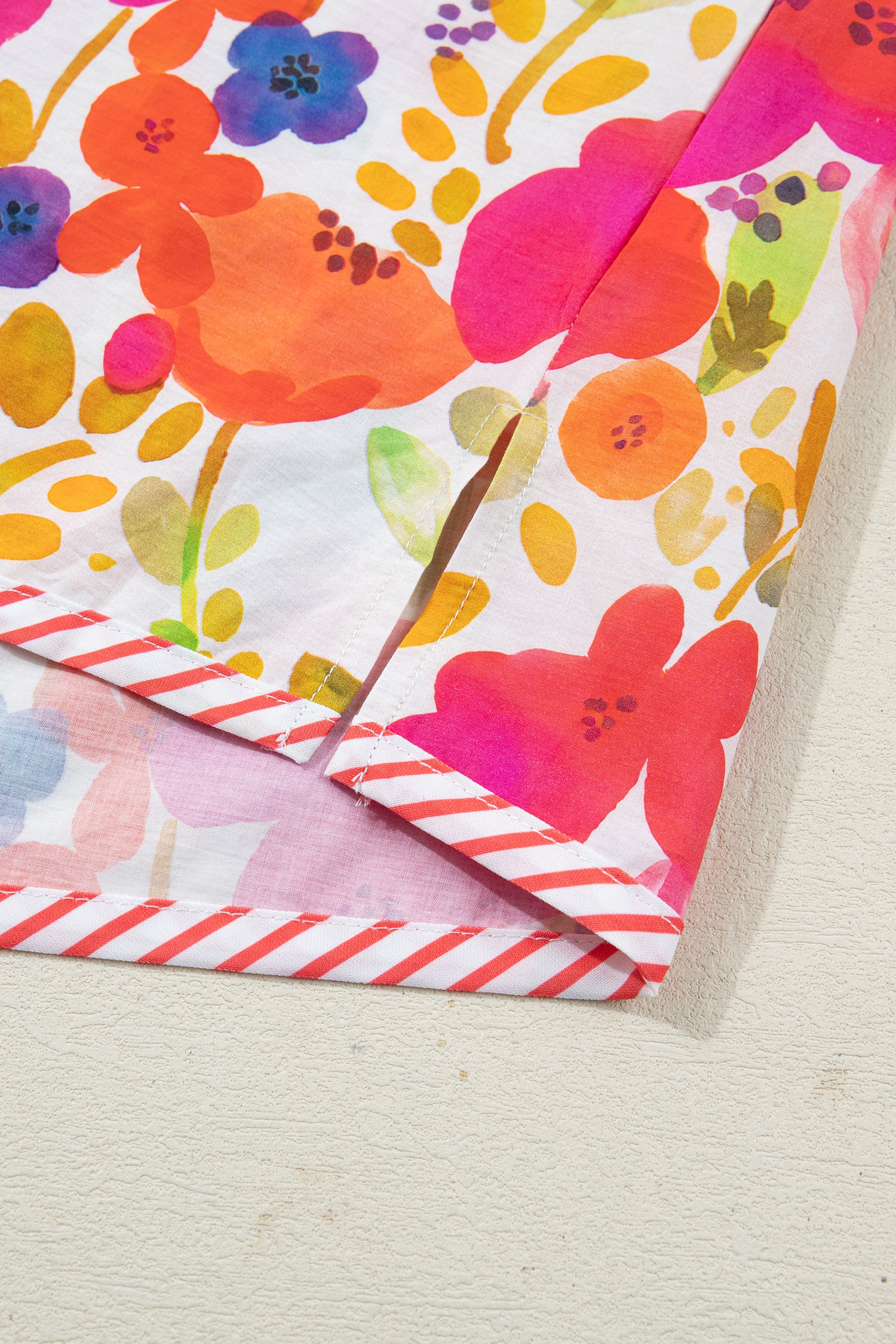 Rose Striped Trim Collared V Neck Short Sleeve Floral Print Blouse