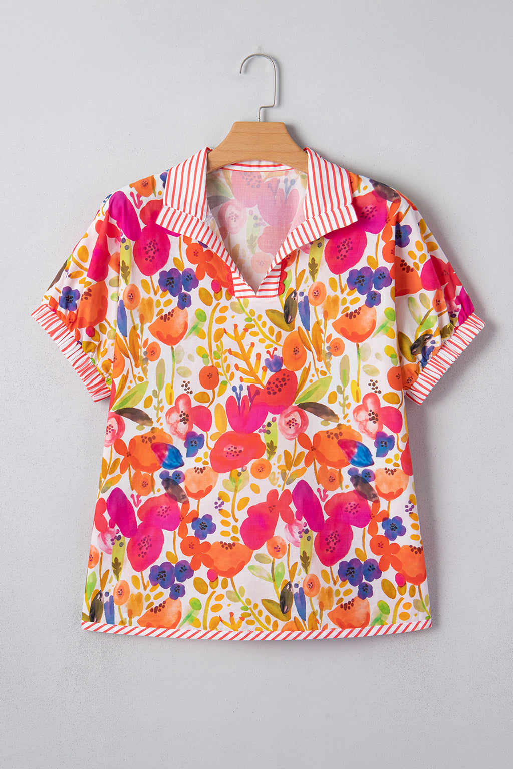 Rose Striped Trim Collared V Neck Short Sleeve Floral Print Blouse