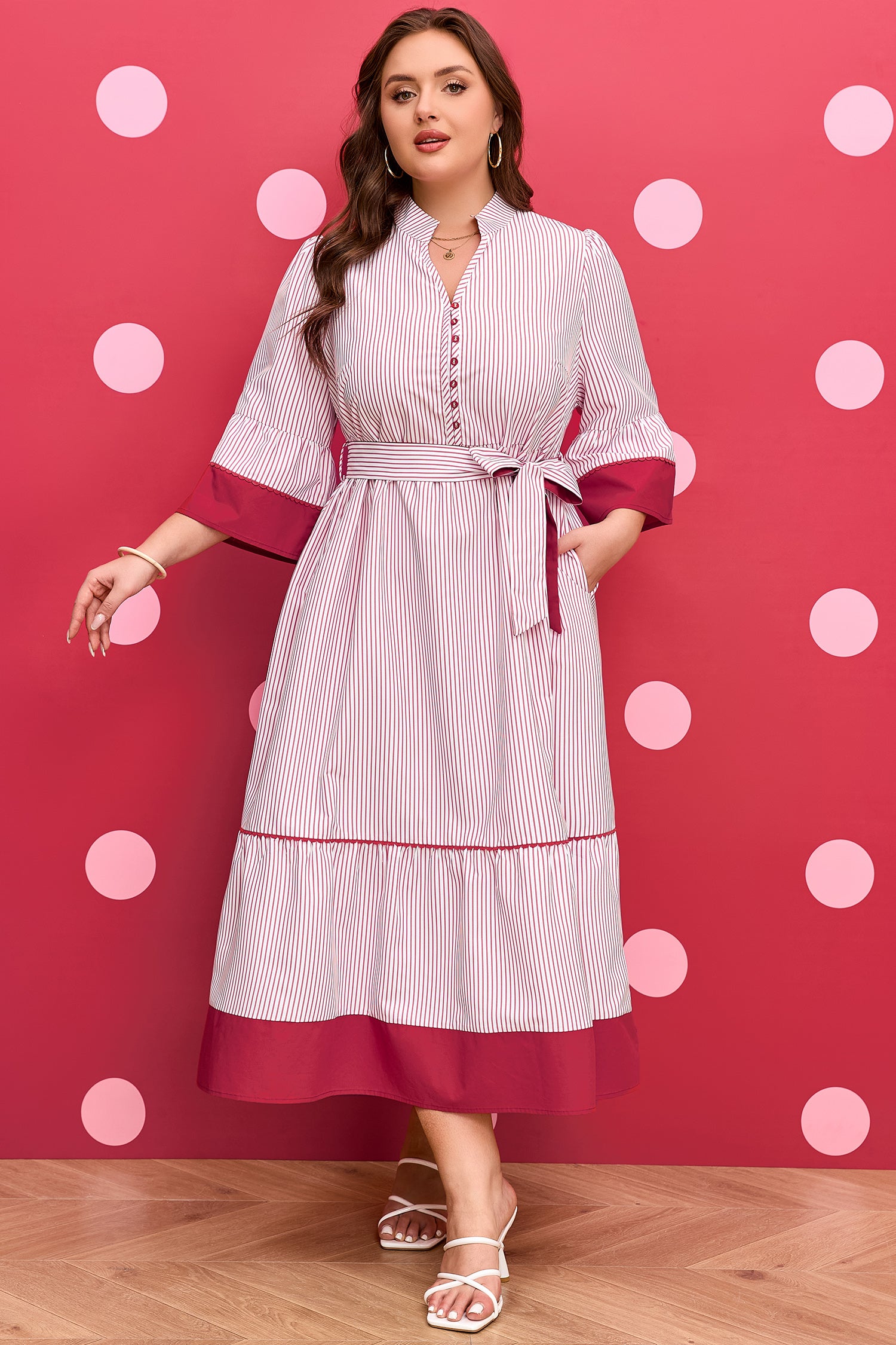 Red Stripe Plus Size Ruffled Hem Pinstriped Midi Dress