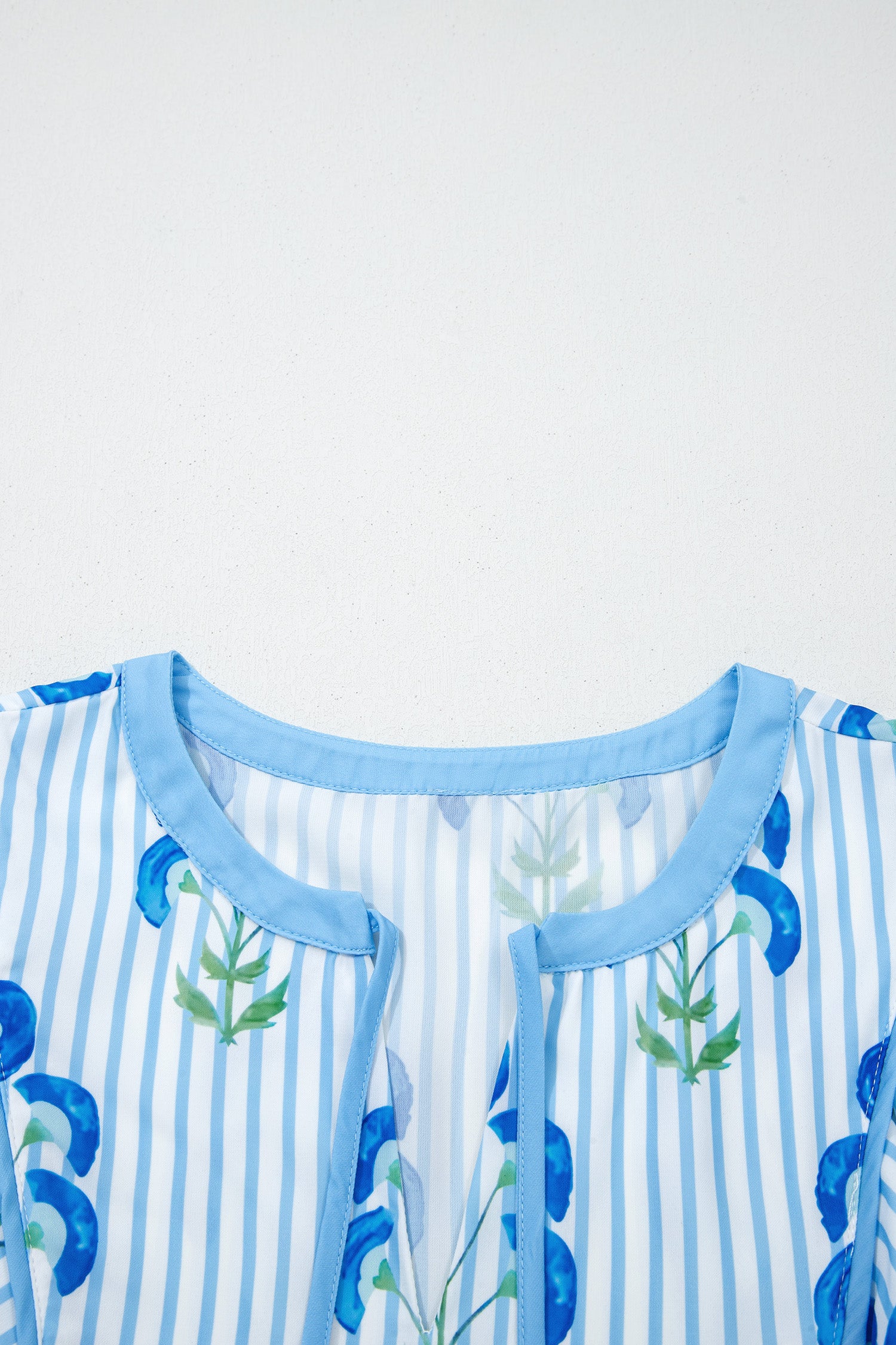 Sky Blue Floral Striped Print Tie Notched Neck Puff Sleeve Flared Mini Dress