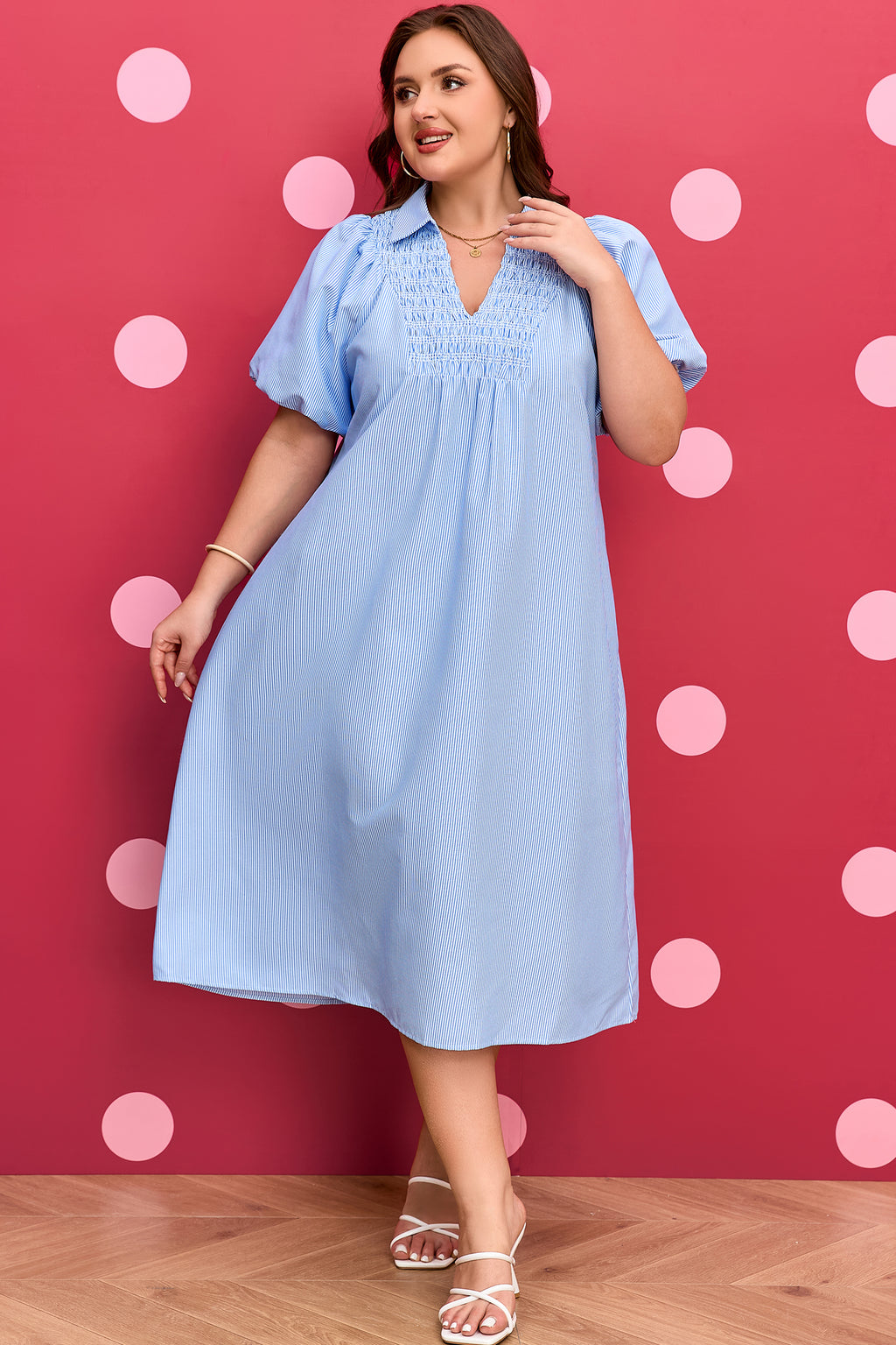Sky Blue Stripe Shirred Detail Collar V Neck Plus Size Midi Dress
