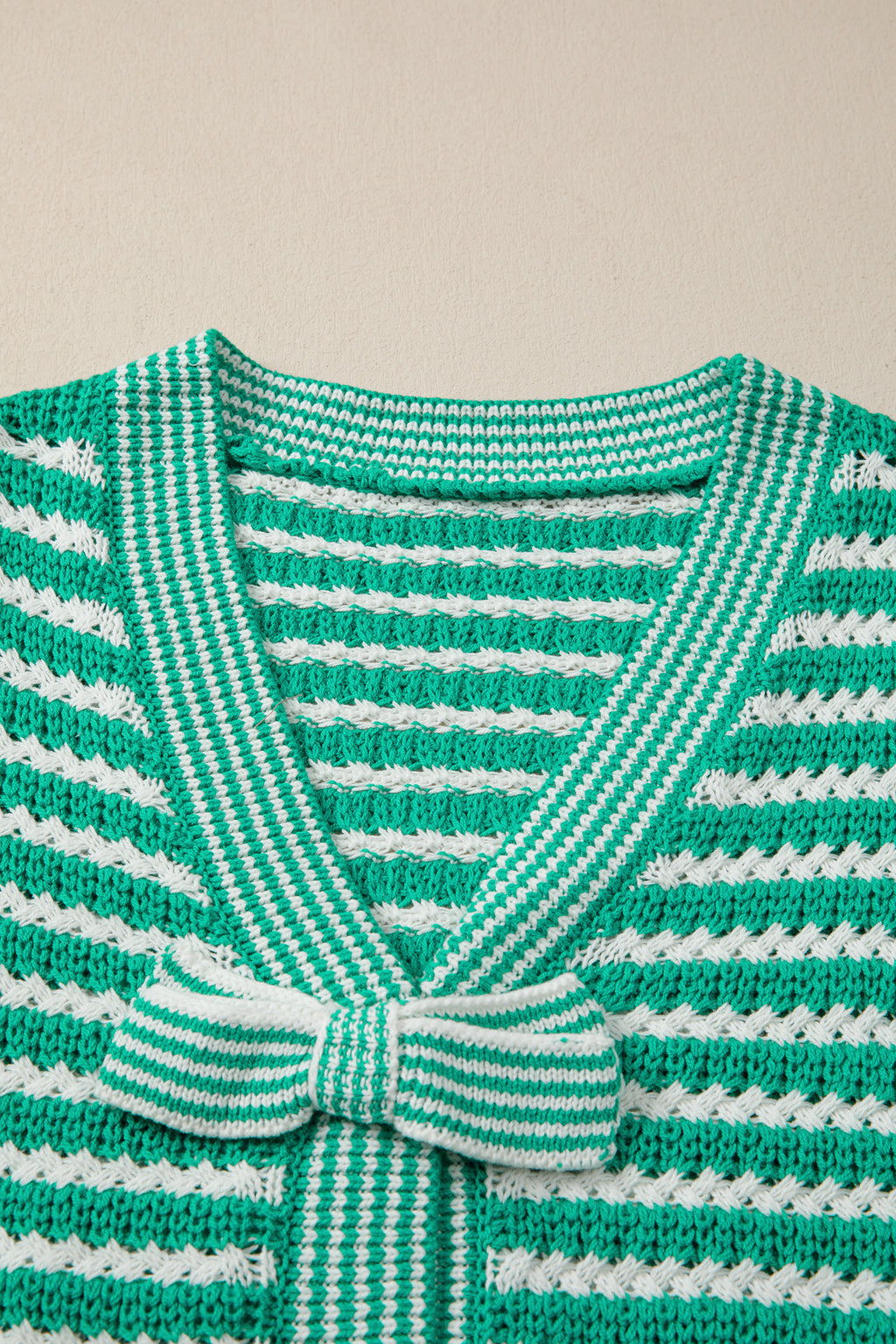 Green Stripe Short Sleeve Knit V Neck Bow Knot Sweater