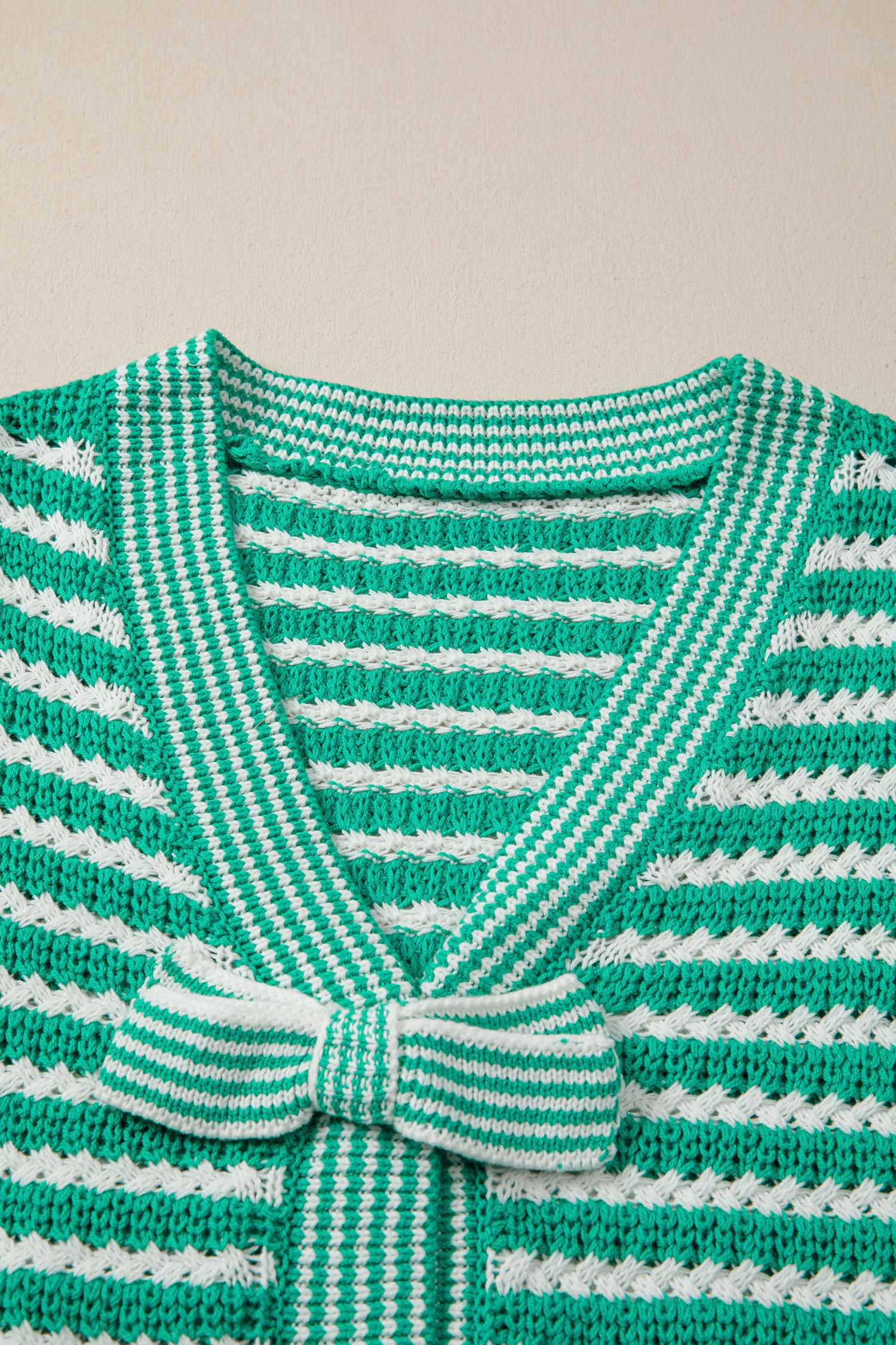 Green Stripe Short Sleeve Knit V Neck Bow Knot Sweater