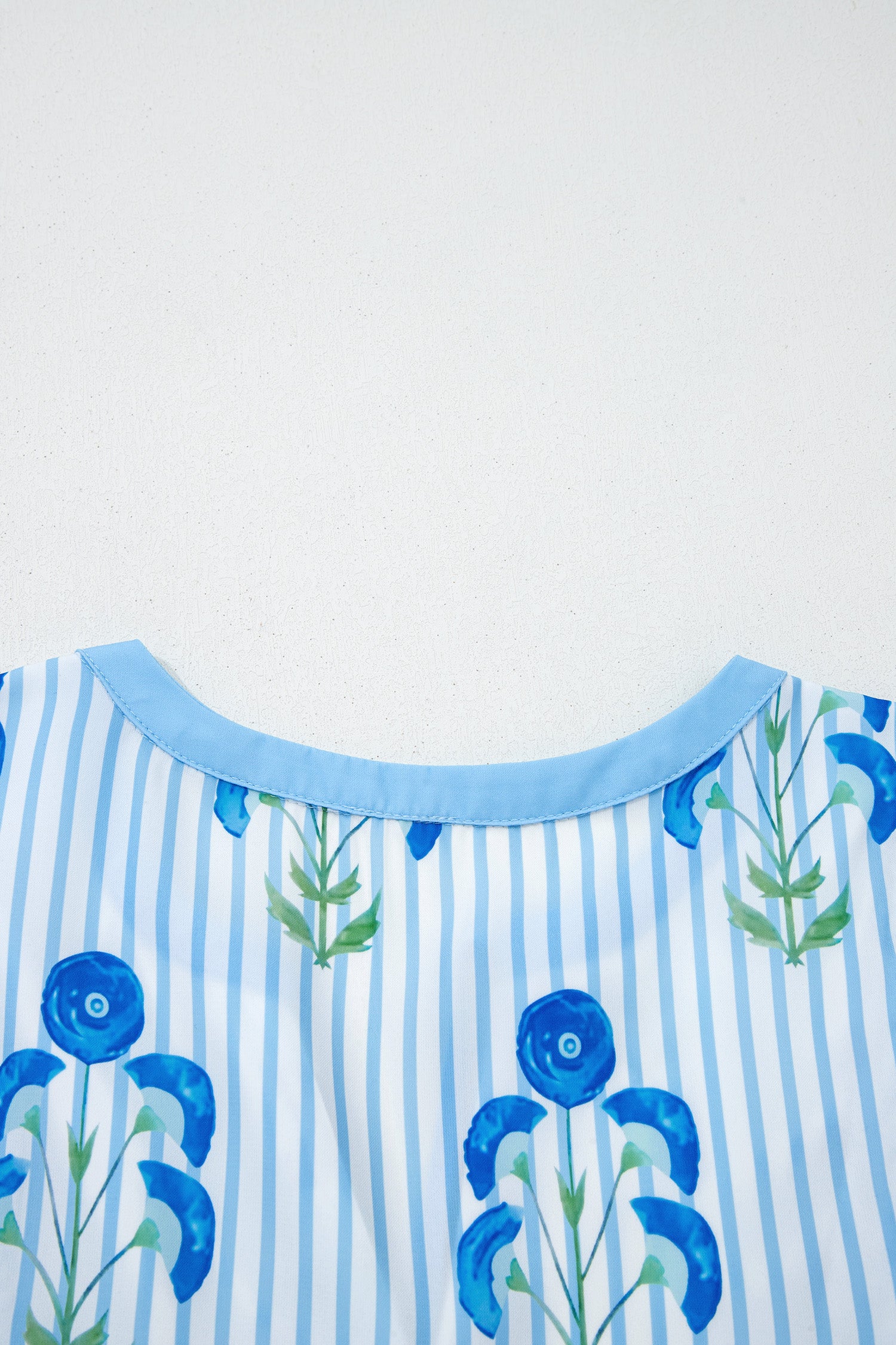 Sky Blue Floral Striped Print Tie Notched Neck Puff Sleeve Flared Mini Dress