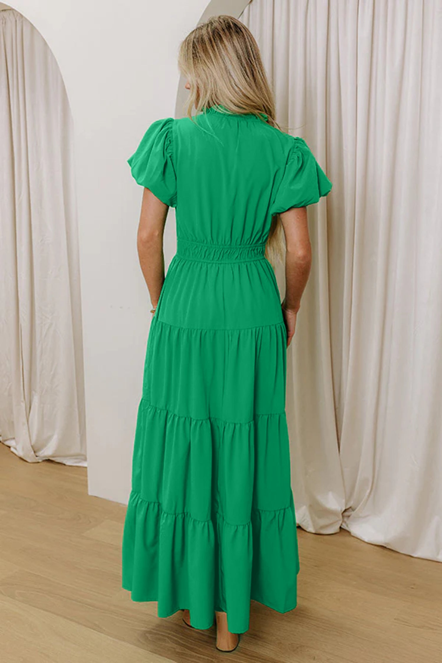 Bright Green Solid Color V Neck Short Puff Sleeve High Waist Tiered Maxi Dress
