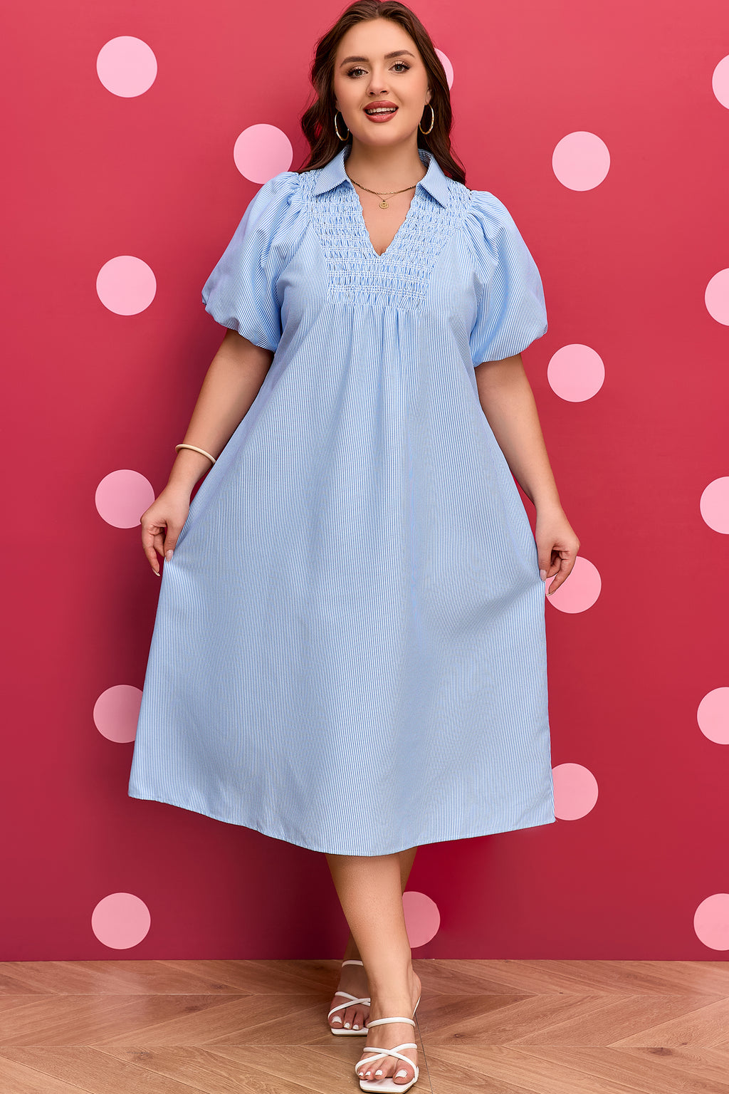 Sky Blue Stripe Shirred Detail Collar V Neck Plus Size Midi Dress
