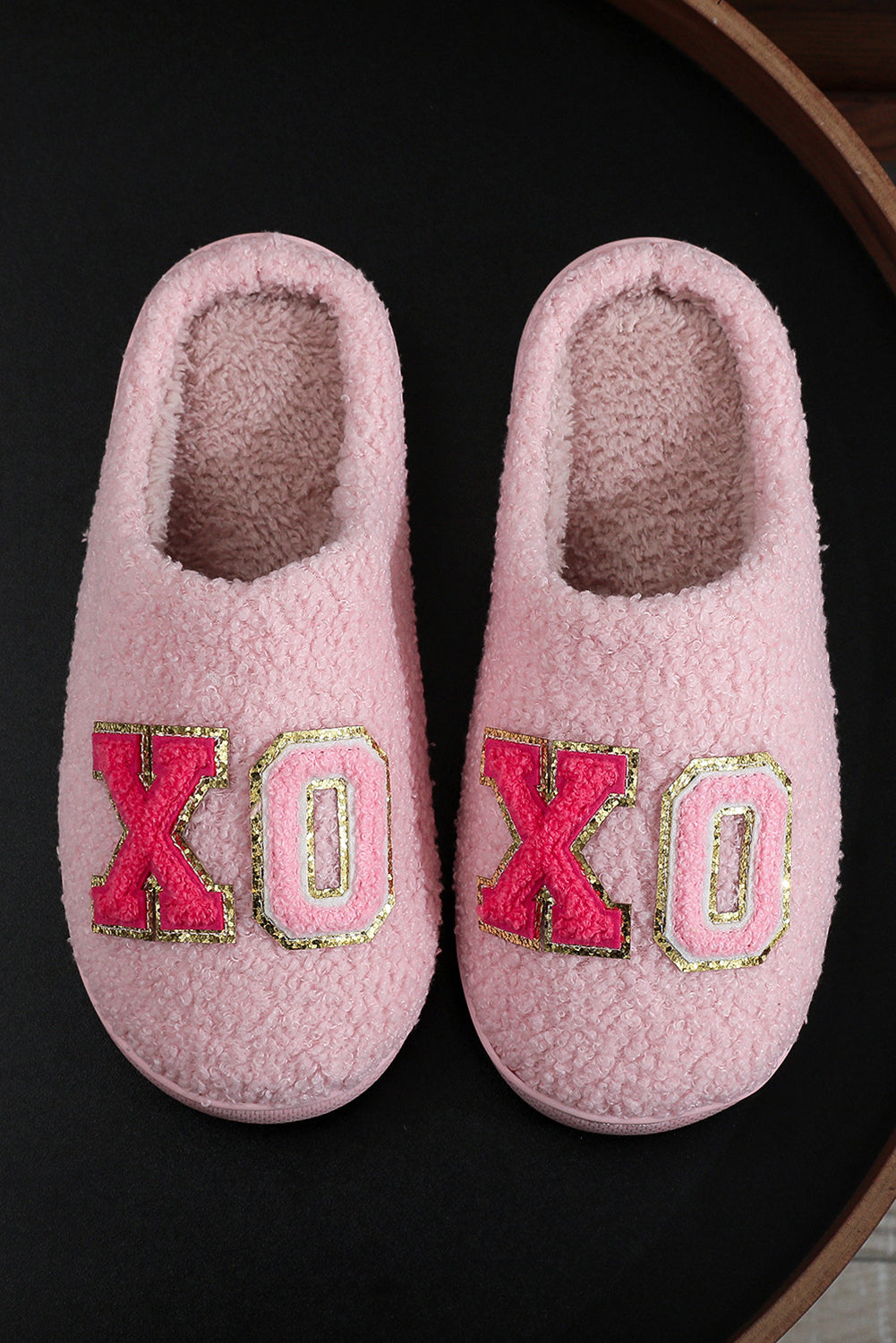 Pink XO XO Glitter Trim Letter Patched Plush House Slippers