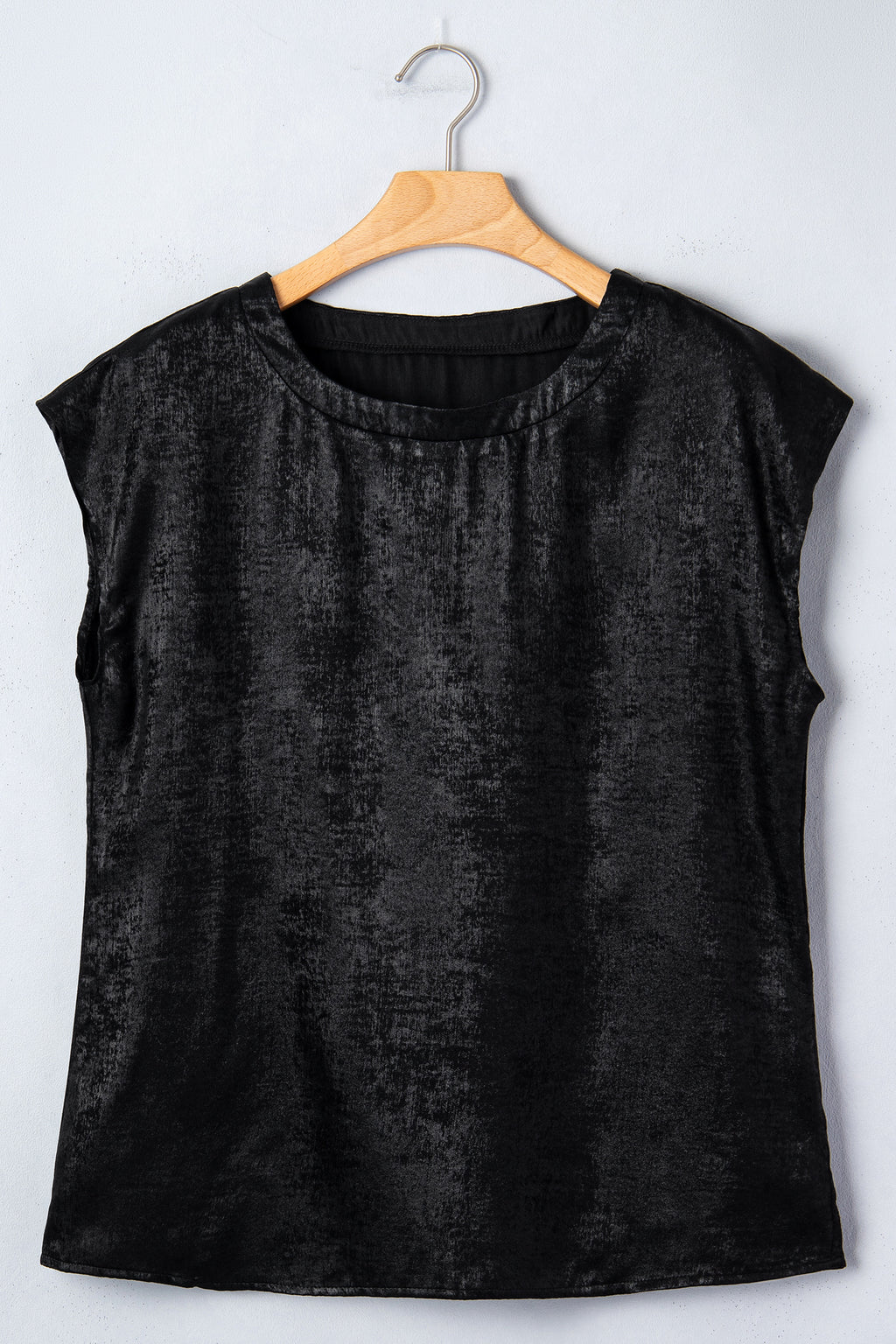 Black Metallic Round Neck Cap Sleeve Tee
