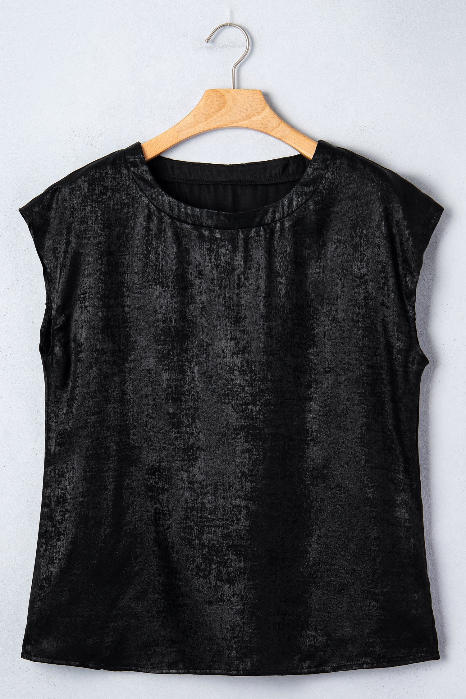 Black Metallic Round Neck Cap Sleeve Tee