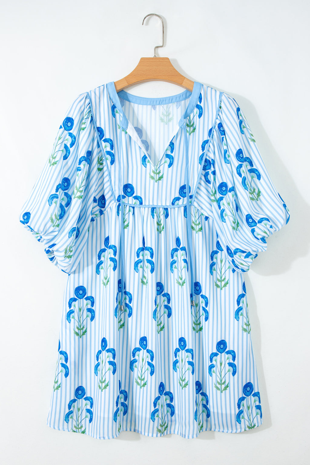 Sky Blue Floral Striped Print Tie Notched Neck Puff Sleeve Flared Mini Dress