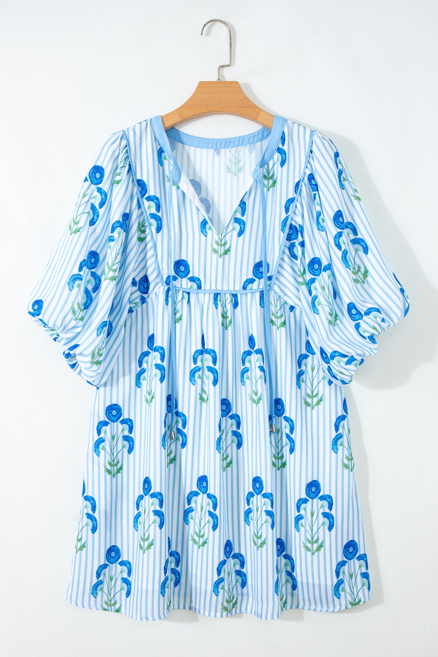 Sky Blue Floral Striped Print Tie Notched Neck Puff Sleeve Flared Mini Dress