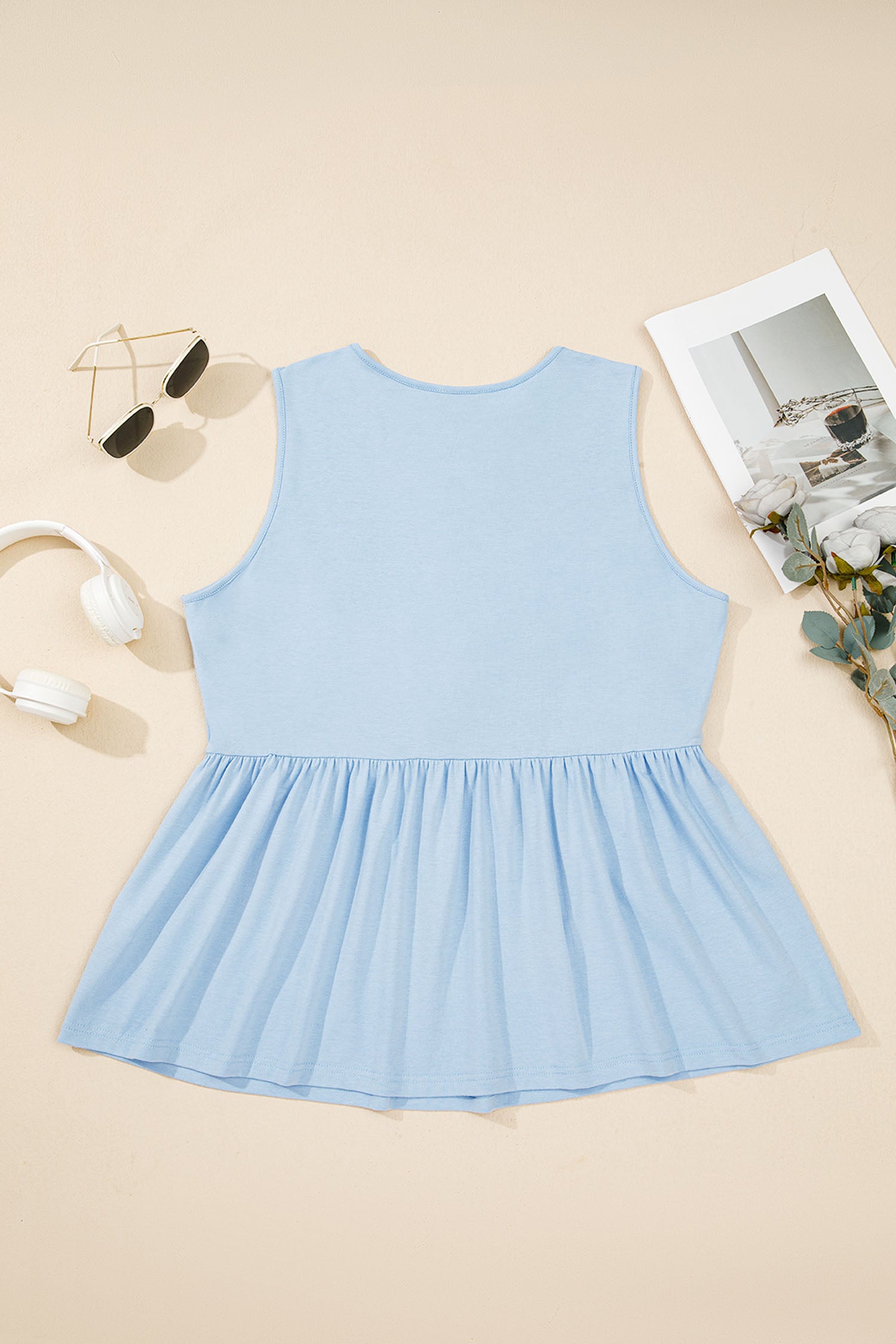 Beau Blue Plus Size Solid Color Bow Tie Peplum Tank Top