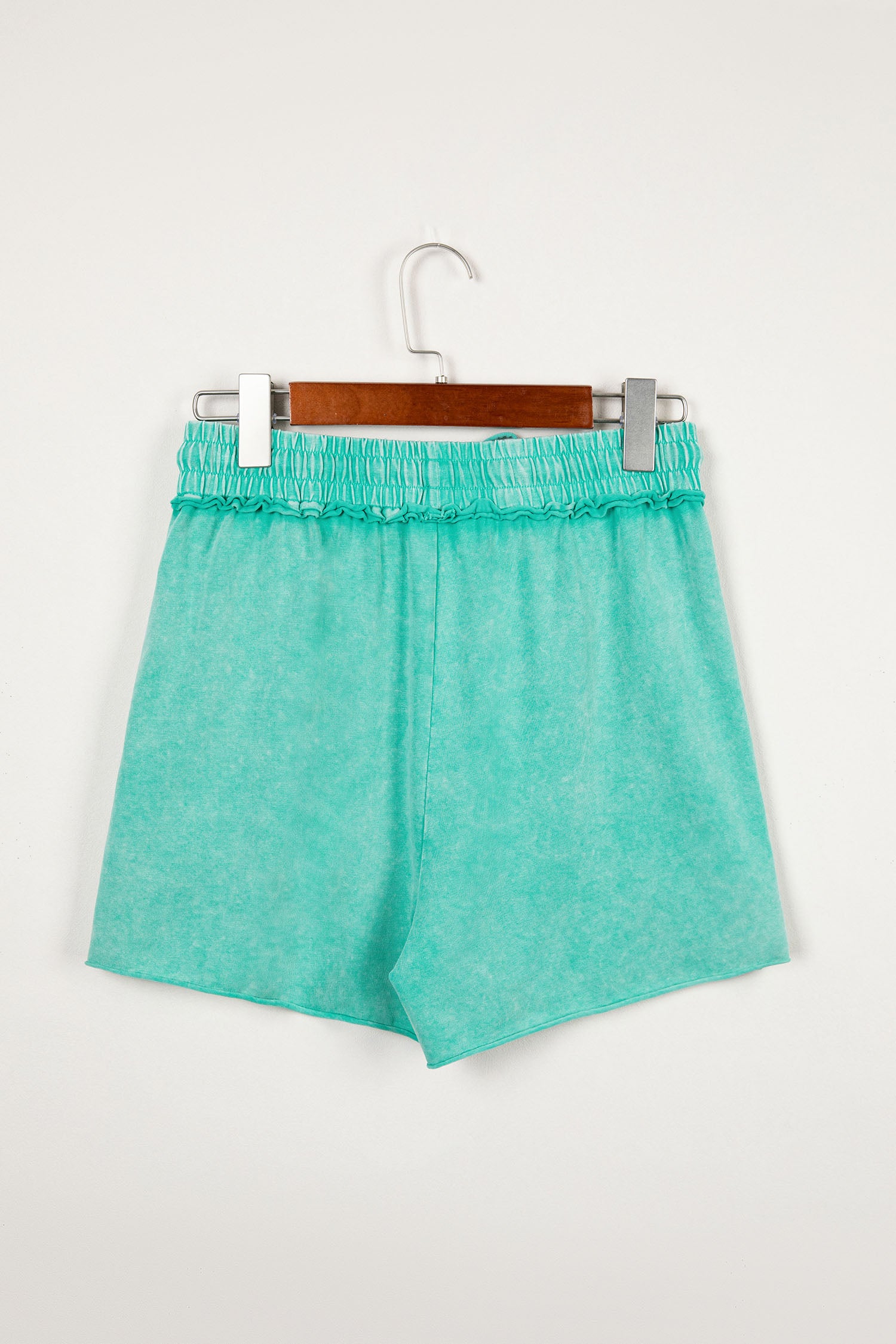 Sea Green Mineral Washed Drawstring Elastic Waist Raw Cut Shorts