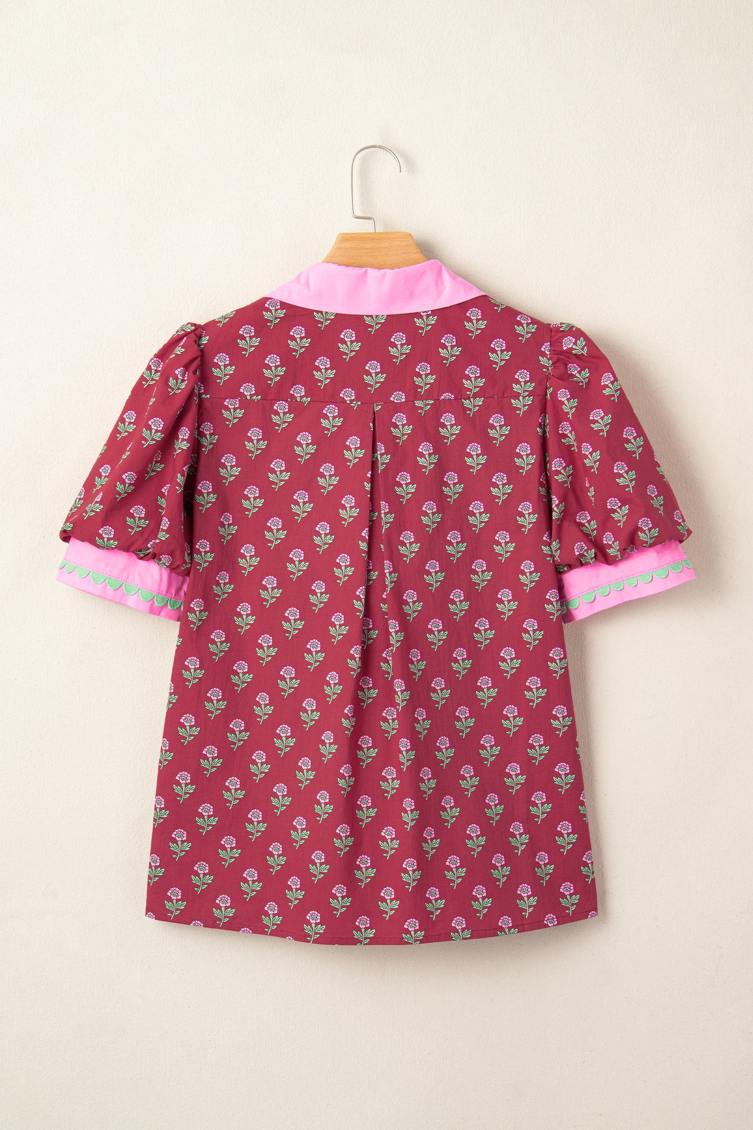 Red Contrast Collared V Neck Ricrac Trim Short Puff Sleeve Flower Blouse