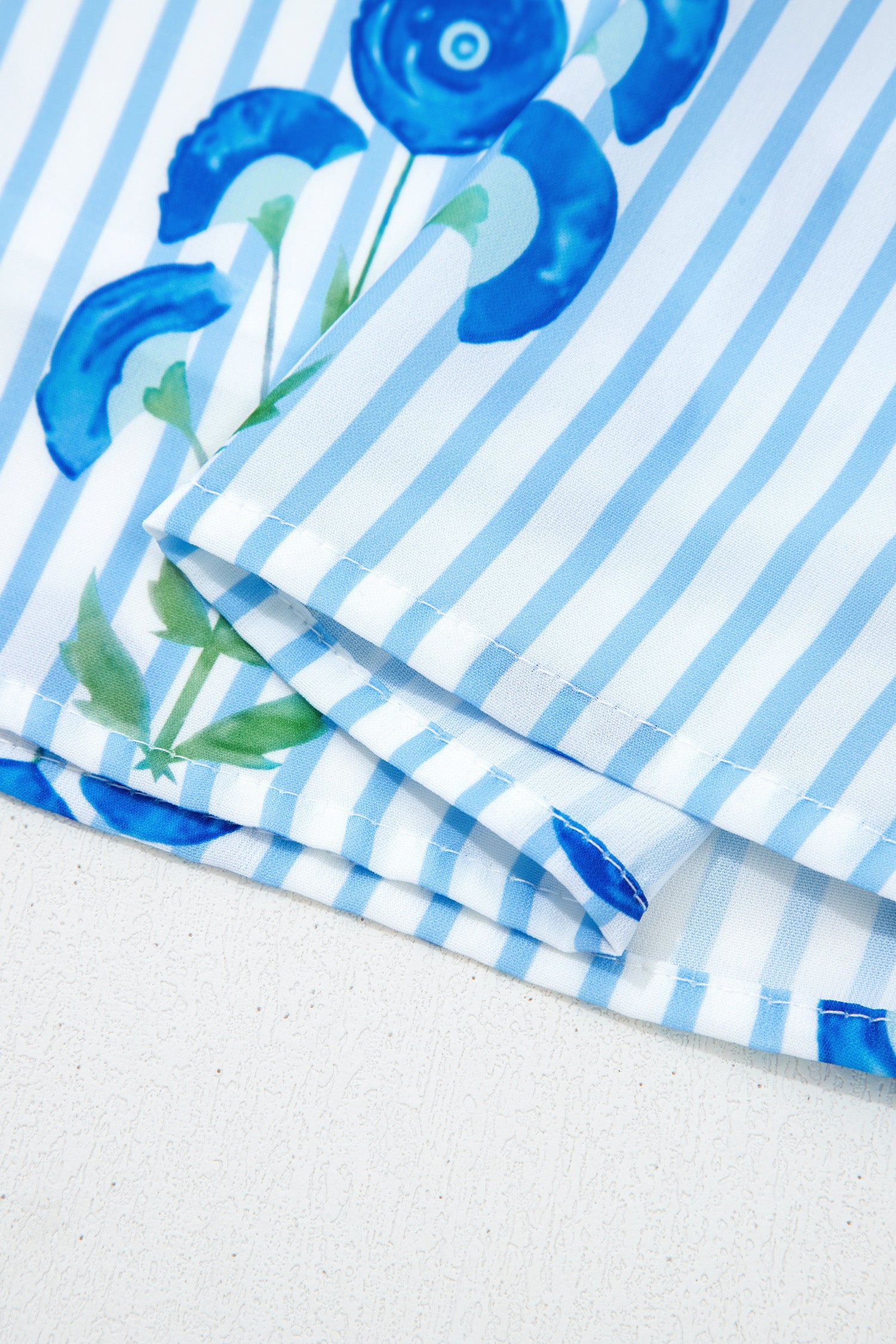 Sky Blue Floral Striped Print Tie Notched Neck Puff Sleeve Flared Mini Dress