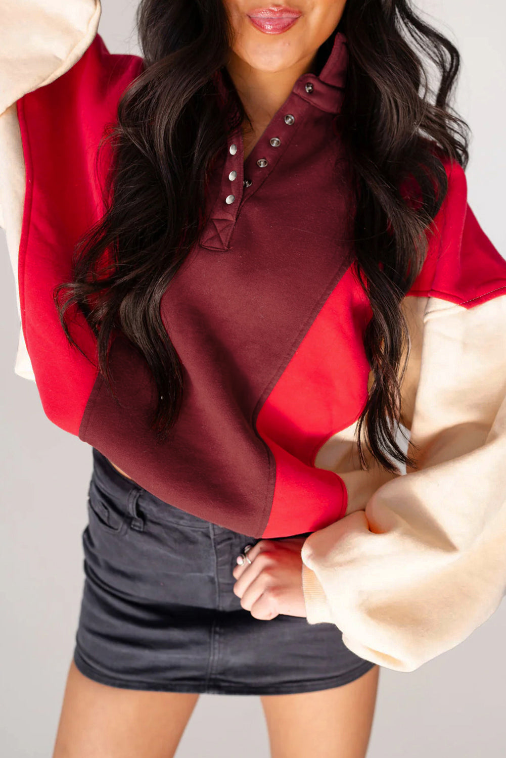 Fiery Red Color Block Patchwork Snap Button Polo Sweatshirt