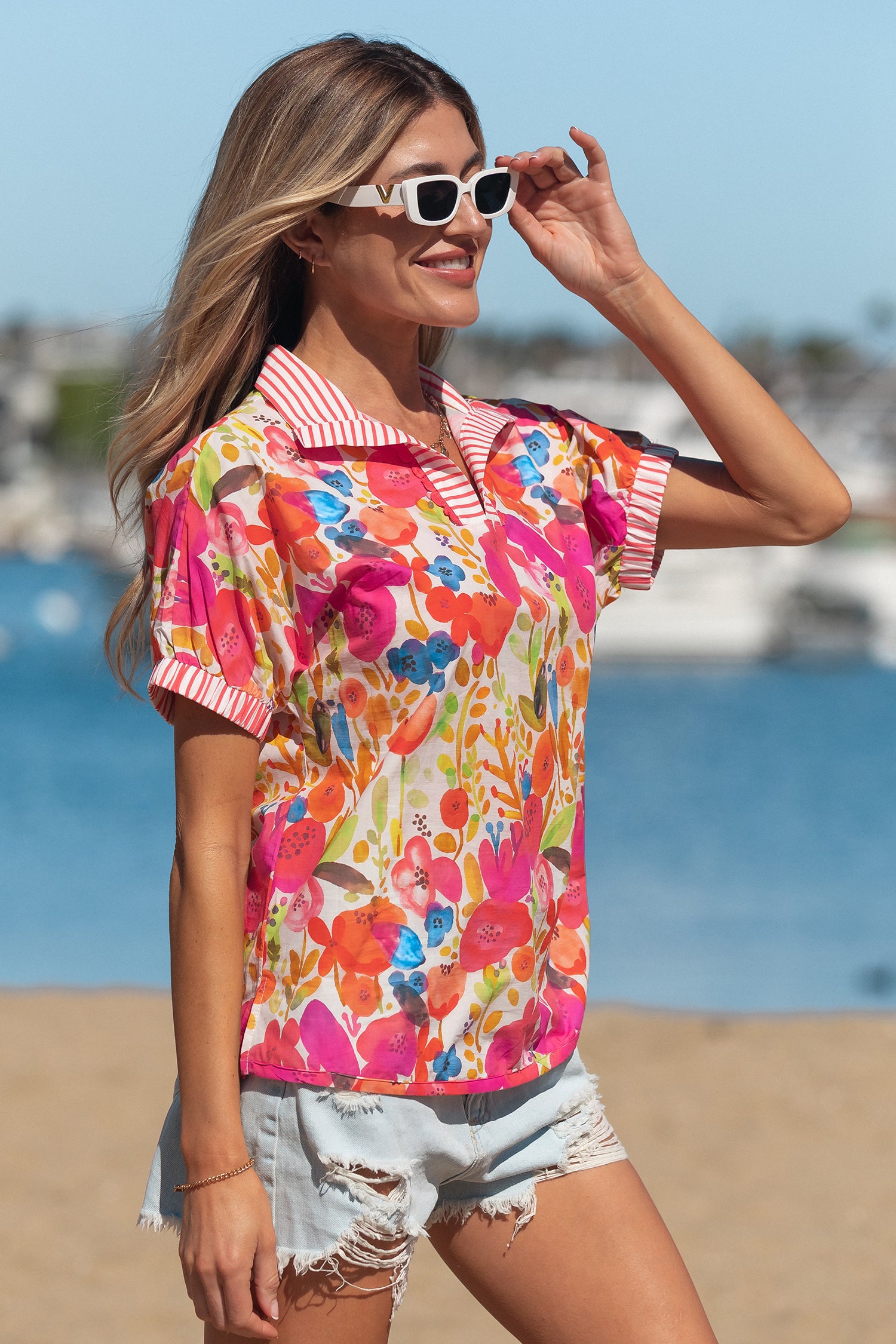 Rose Striped Trim Collared V Neck Short Sleeve Floral Print Blouse