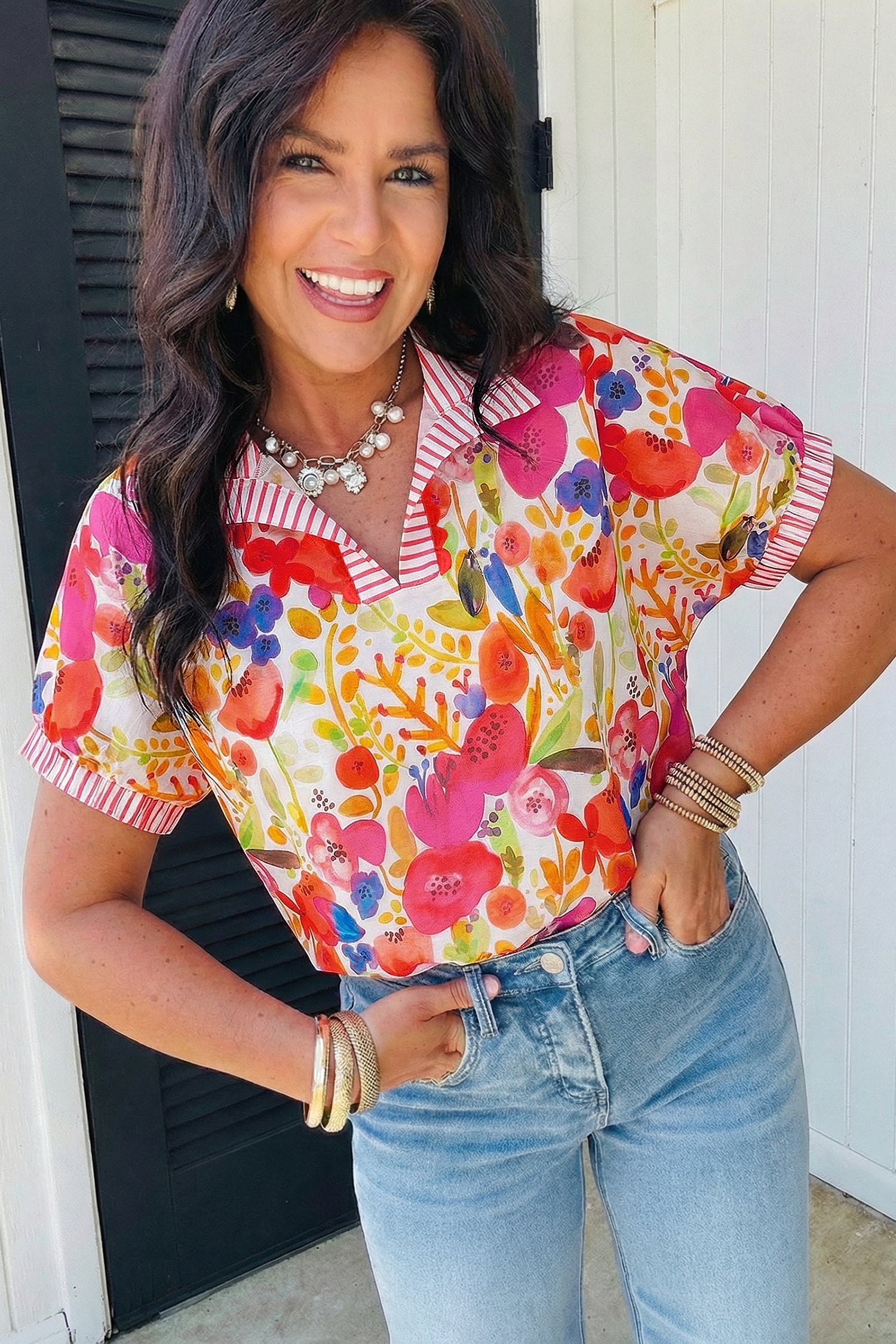 Rose Striped Trim Collared V Neck Short Sleeve Floral Print Blouse