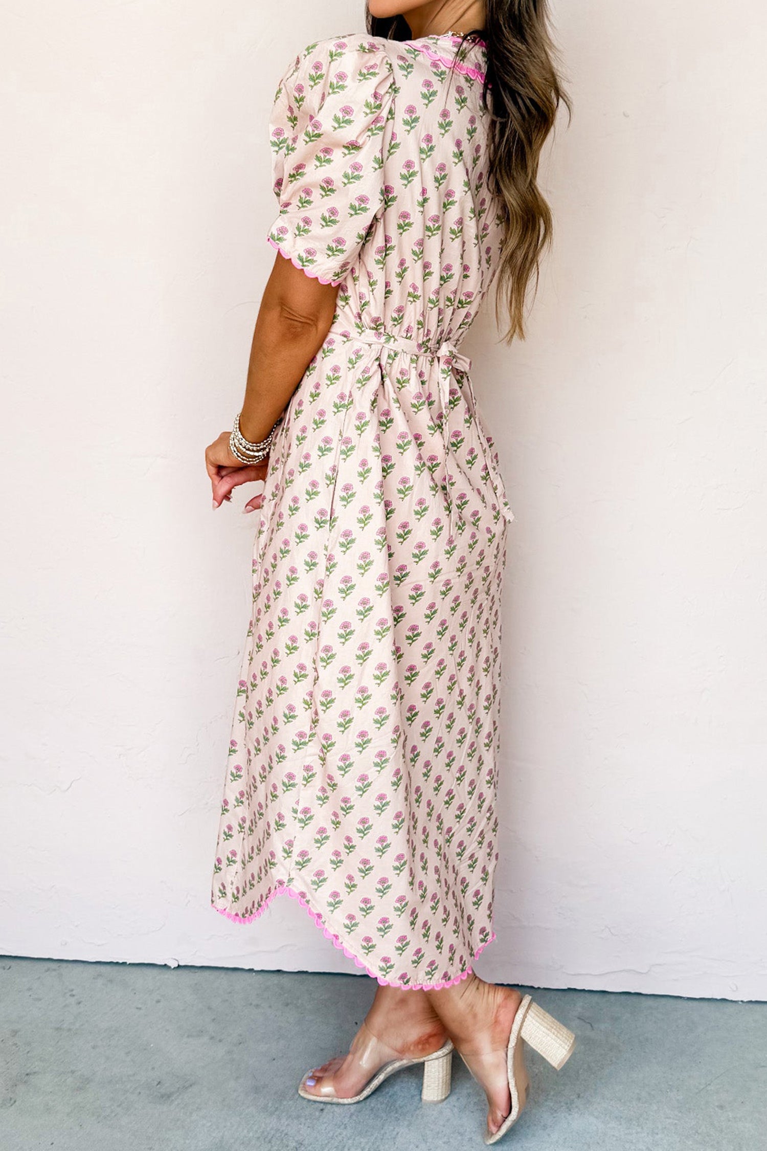 Pink Floral Print V Neck Scallop Trim Button Front Short Sleeve Long Dress