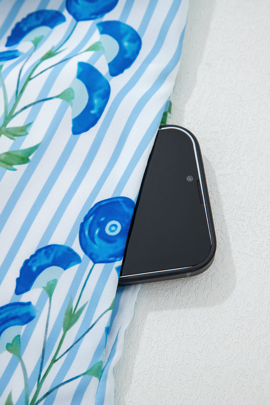 Sky Blue Floral Striped Print Tie Notched Neck Puff Sleeve Flared Mini Dress