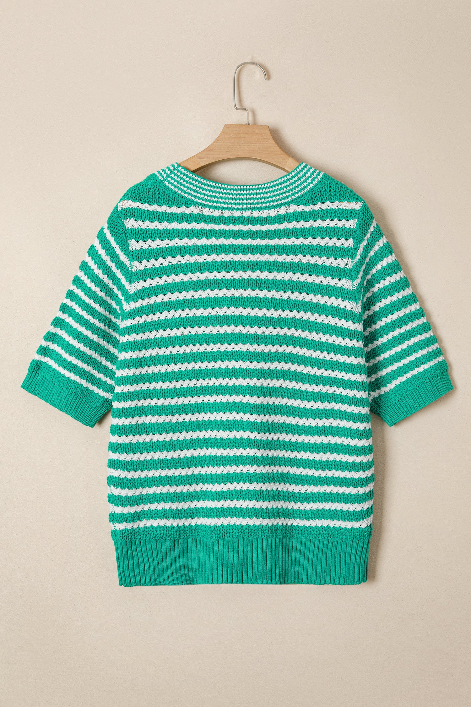 Green Stripe Short Sleeve Knit V Neck Bow Knot Sweater