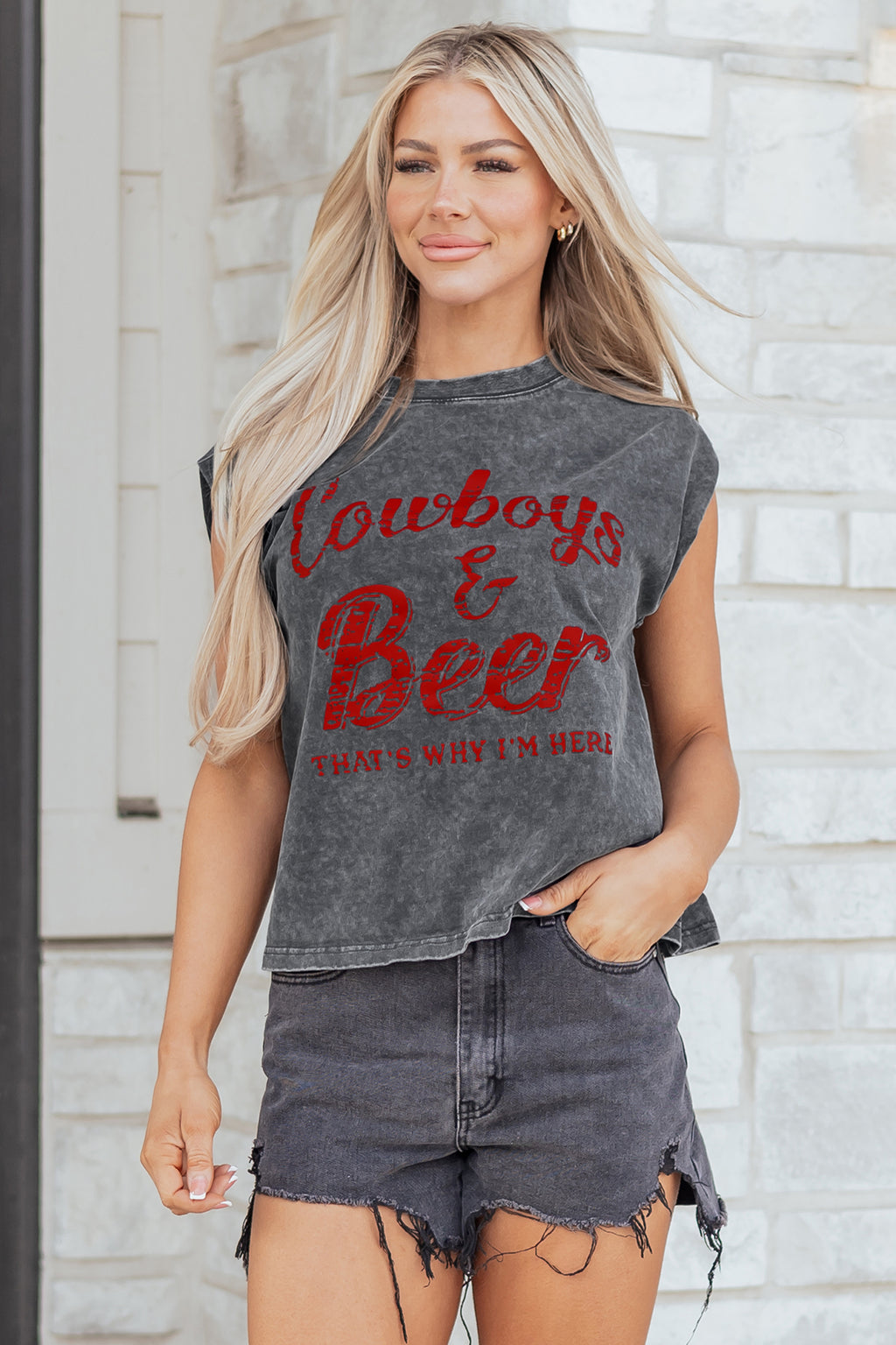 Sleet Cowboy & Beer Western Graphic Mineral Wash Tank Top
