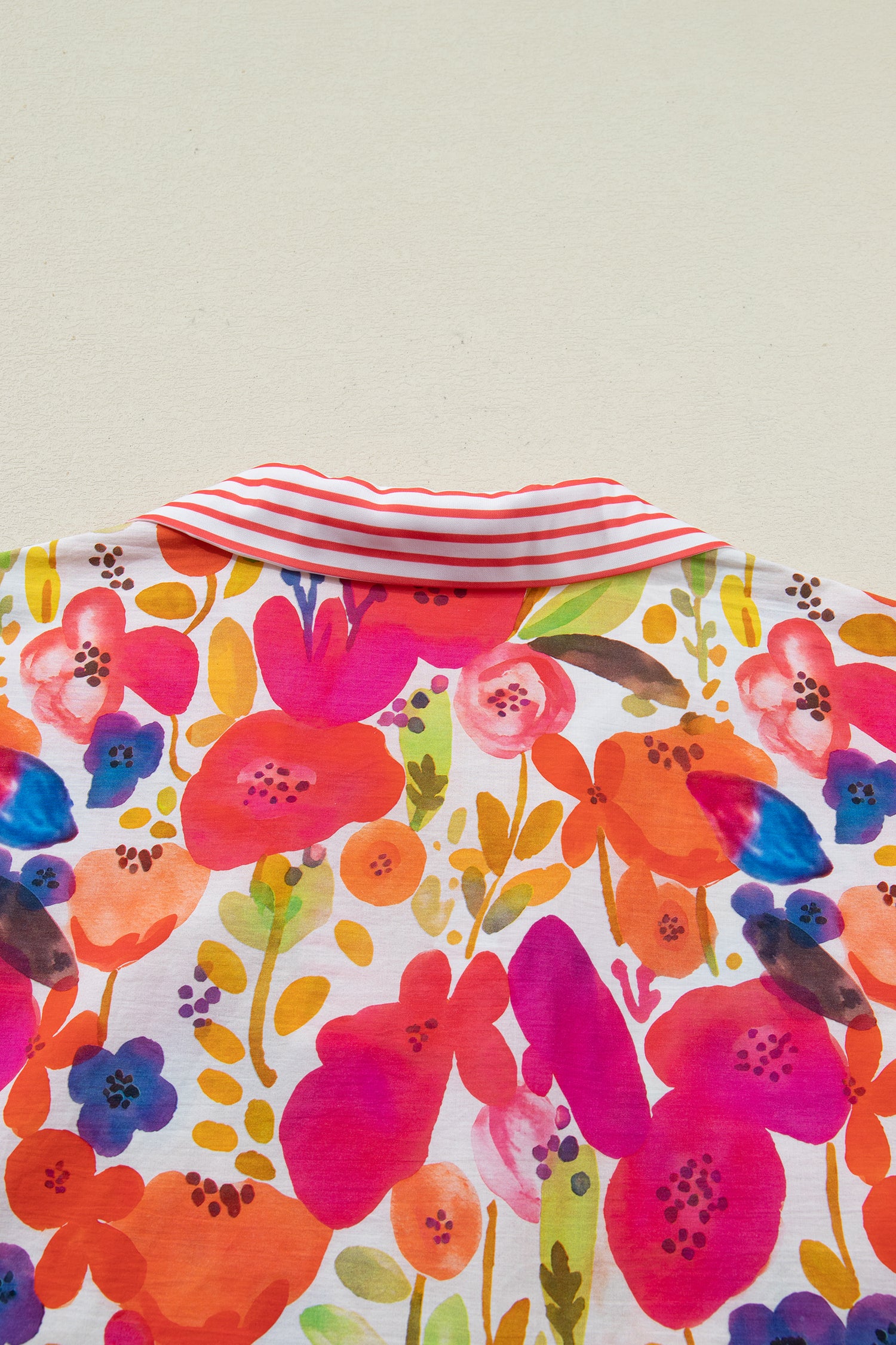 Rose Striped Trim Collared V Neck Short Sleeve Floral Print Blouse