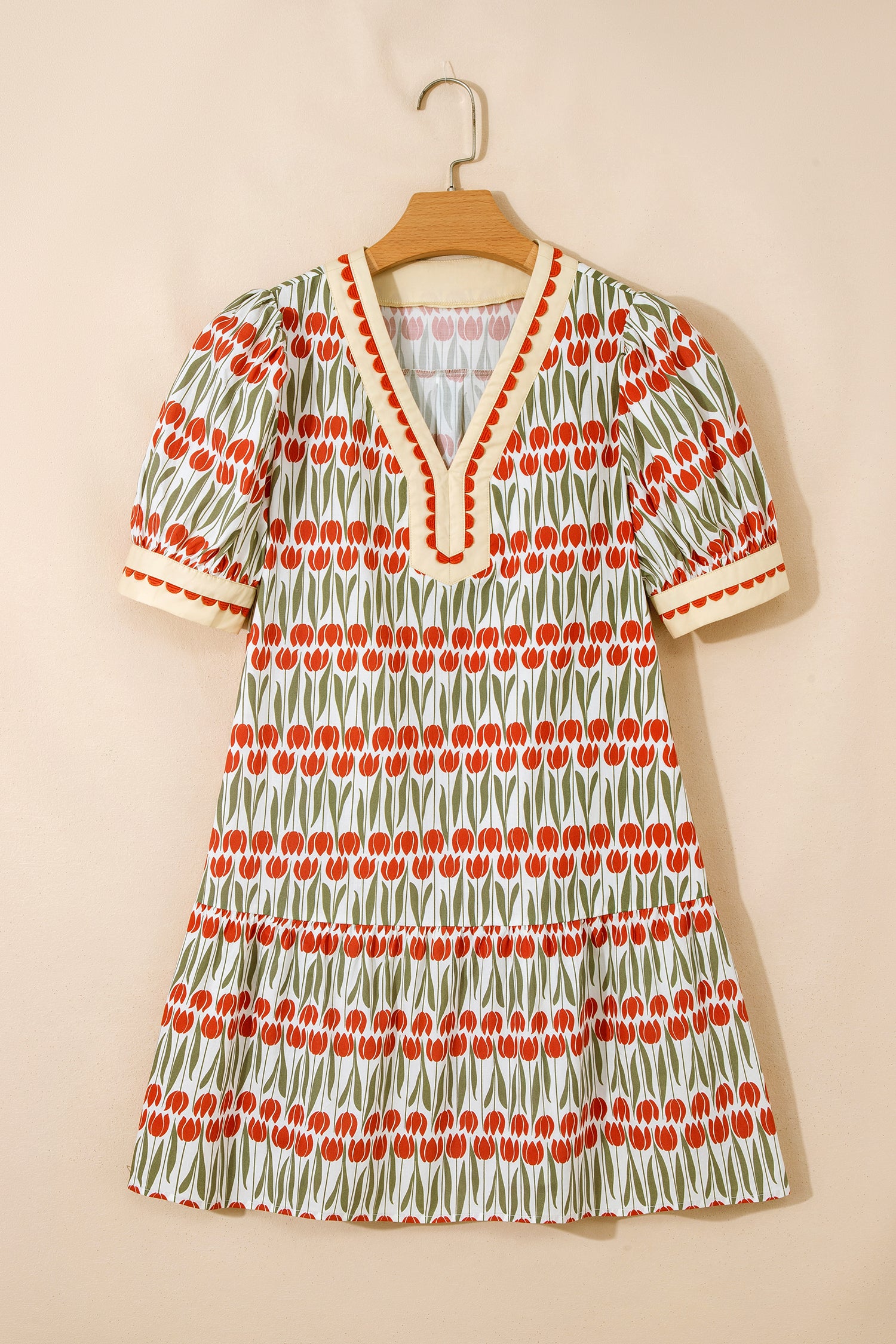 White Tulip Floral Print Cotton Puff Short Sleeve Mini Dress