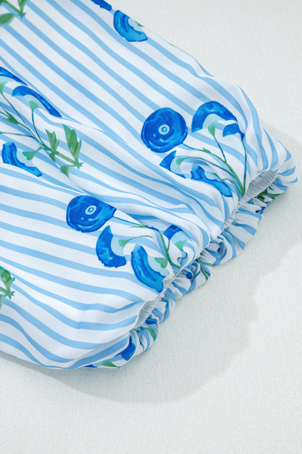 Sky Blue Floral Striped Print Tie Notched Neck Puff Sleeve Flared Mini Dress