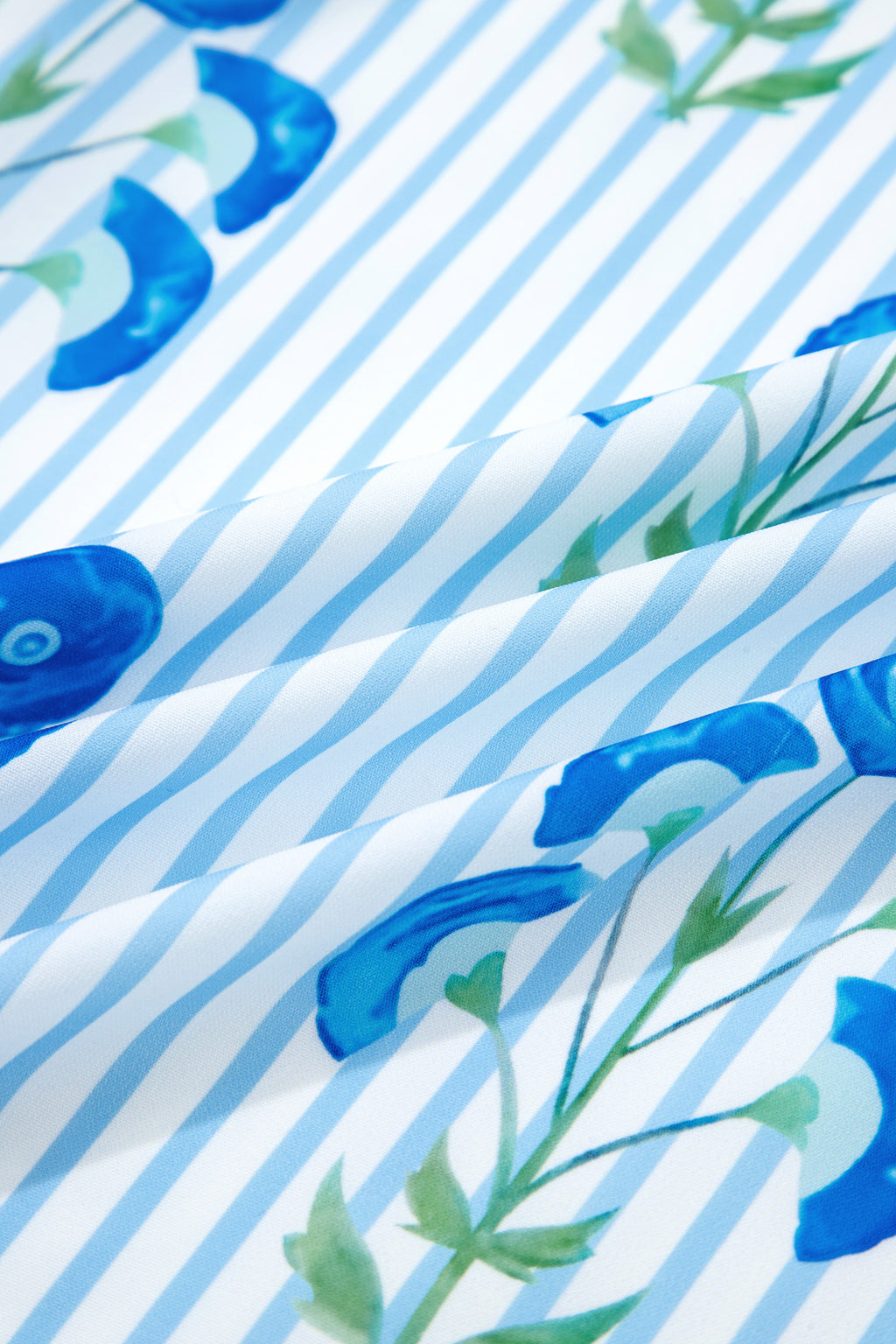 Sky Blue Floral Striped Print Tie Notched Neck Puff Sleeve Flared Mini Dress