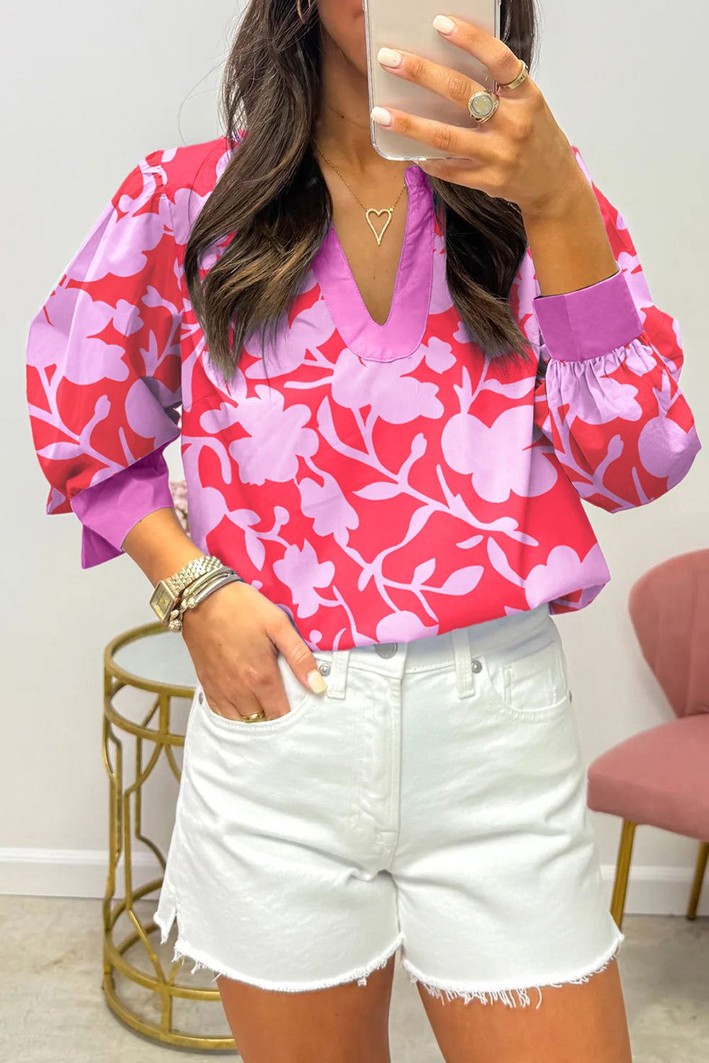 Red Floral Print Split V Neck Cuffed Bracelet Sleeve Blouse